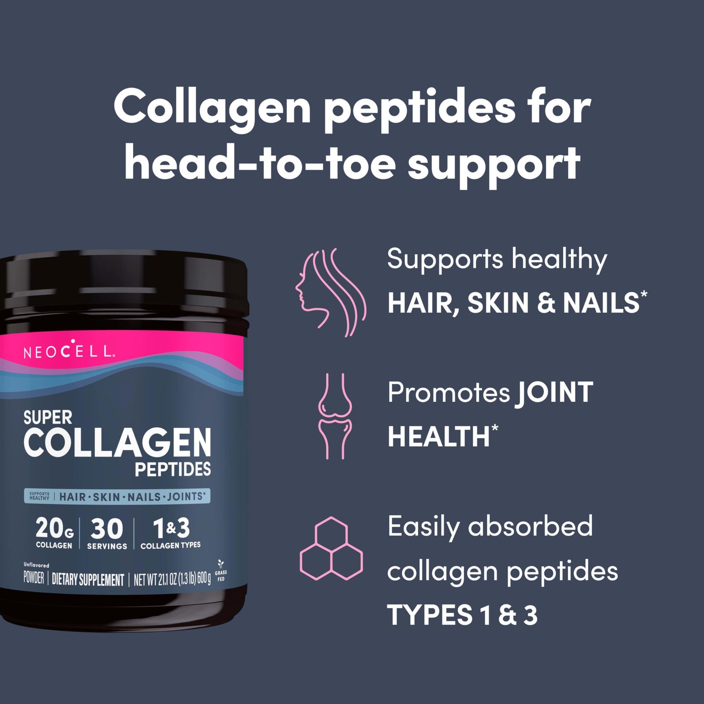 NeoCell Super Collagen Peptides, Unflavored, Powder, 21.2 oz., 1 Canister