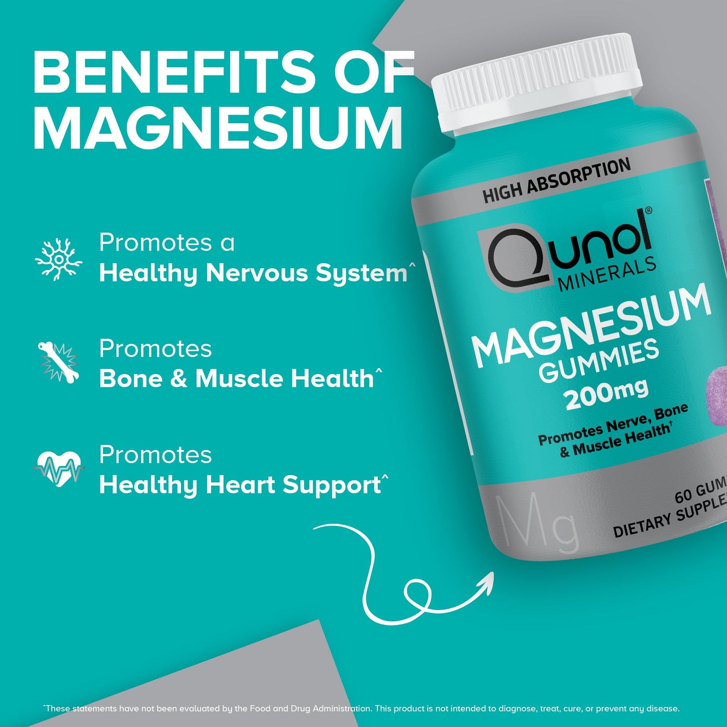 Qunol Magnesium Gummies for Adults, Qunol 200mg Magnesium Citrate Gummies, High Absorption Magnesium Supplement, Supports Nerve Health, Bone Health, Muscle Health, Vegetarian, 60 Count, Pack of 2
