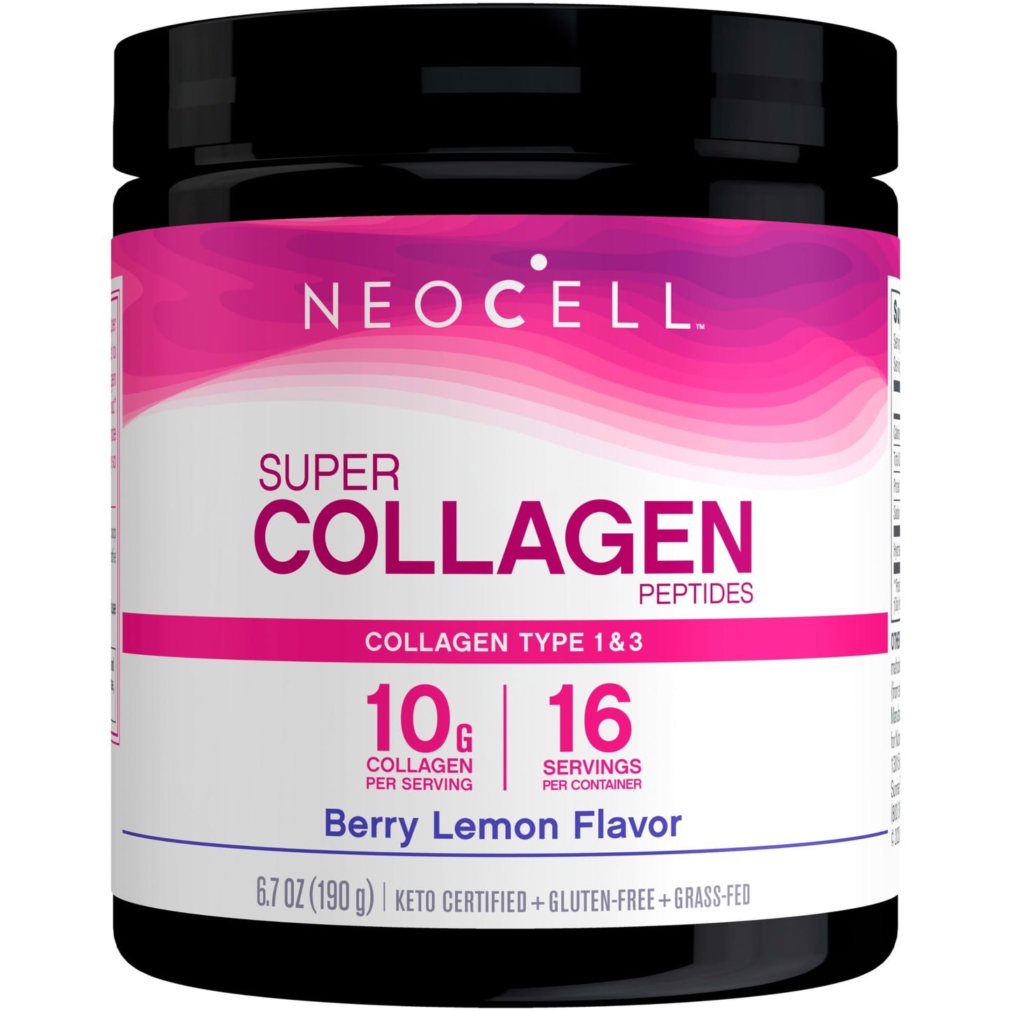 NeoCell Super Collagen Peptides, 10g Collagen Peptides per Serving, Gluten Free, Keto Friendly, Non-GMO, Grass Fed, Healthy Hair, Skin, Nails and Joints, Berry Lemon Powder, 6.7 oz., 1 Canister