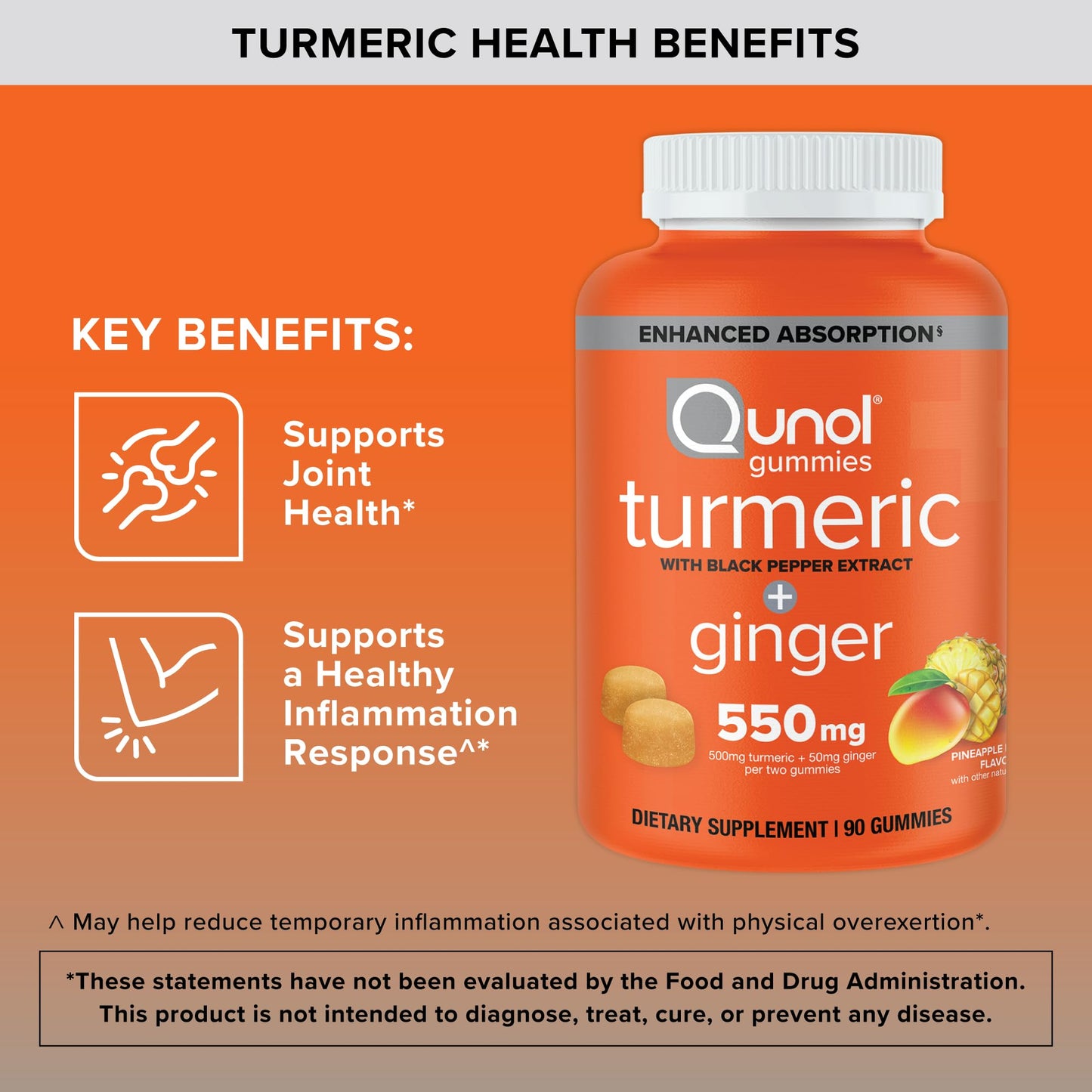 Qunol Turmeric and Ginger with Black Pepper Gummies, Joint Health Support, 90 Count (Pack of 1)