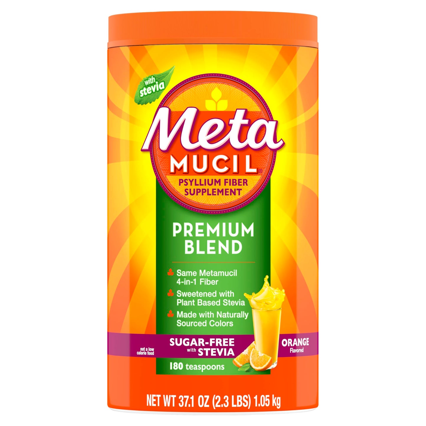 Metamucil Premium Blend, 4-in-1 Fiber Supplement for Digestive Health, Psyllium Husk Fiber Powder, Sugar-Free with Stevia, Plant-Based Fiber Supplement, Orange Flavored, 180 teaspoons