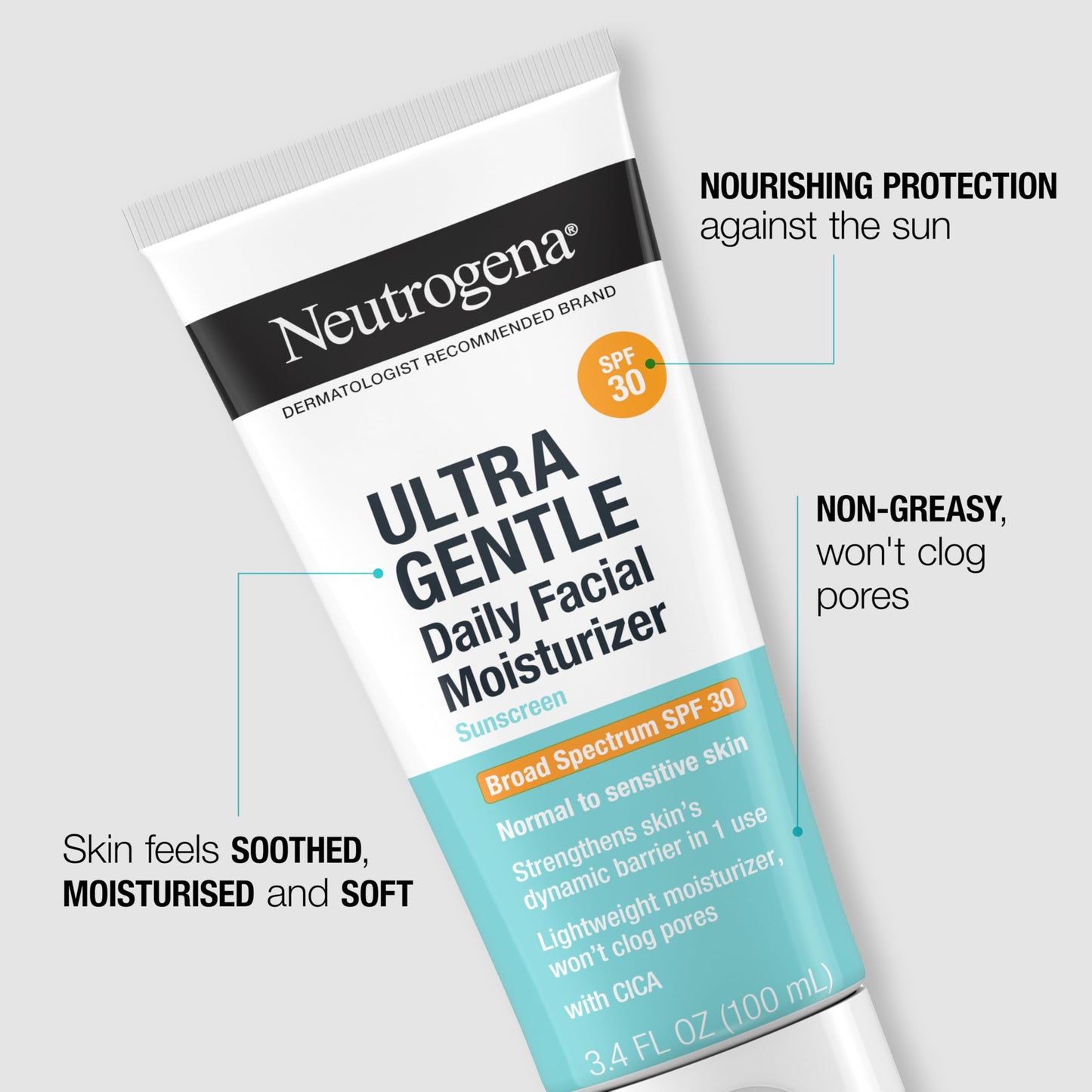 Neutrogena Ultra Gentle Daily Facial Moisturizer with SPF 30 Sunscreen with CICA, Lightweight Face Lotion with Broad Spectrum SPF 30 for Normal to Sensitive Skin, Fragrance-Free, 3.4 fl. oz
