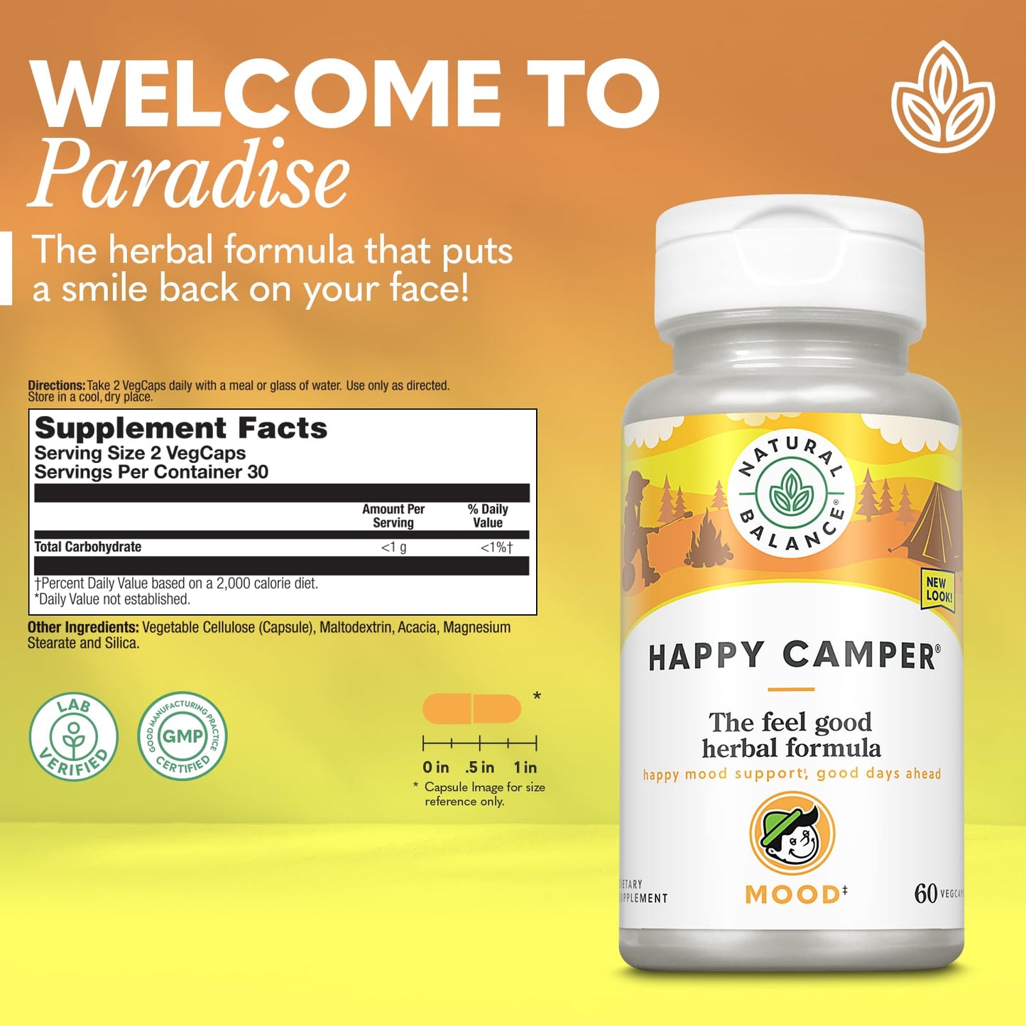 Natural Balance Happy Camper - Feel-Good Mood Support Supplement - Gotu Kola, Passion Flower, and Kava Kava Capsules - 60-Day Guarantee (30 Servings, 60 VegCaps)