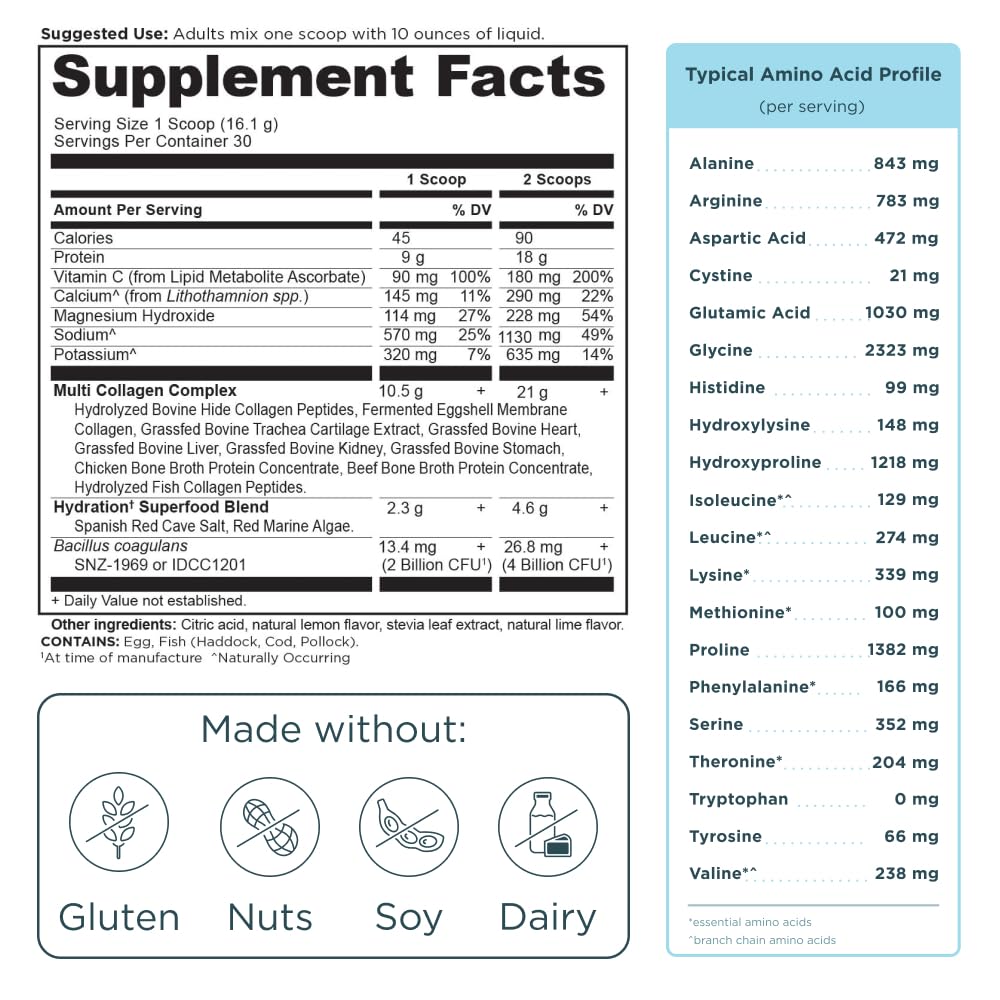 Ancient Nutrition Advanced Multi Collagen Protein Powder Hydrate, Lemon Lime, 30 Servings