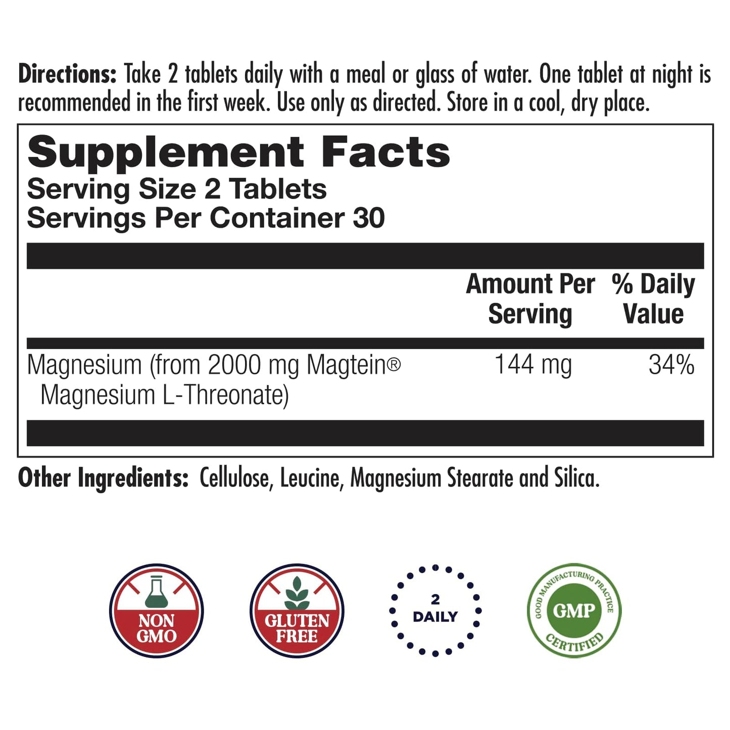 KAL Think Magnesium L-Threonate 2000 mg | Learning, Brain Health & Memory Function Support w/Magtein | Vegan, No Gluten & Non-GMO | 60 Tablets