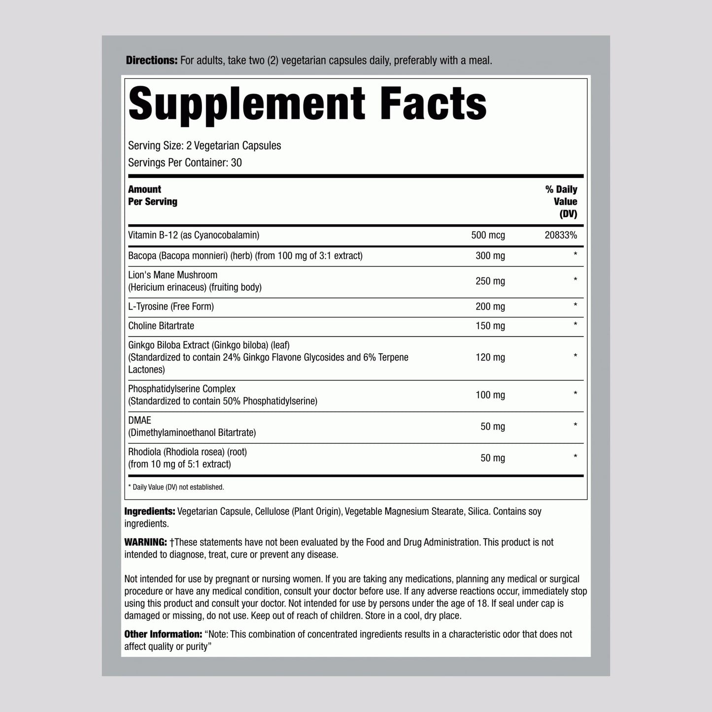 Lindberg Brain Support Supplement for Women and Men | 60 Capsules | Complex Pills | with Phosphatidylserine, Lion's Mane, Vitamin B12 | Vegetarian, Non-GMO, Gluten Free