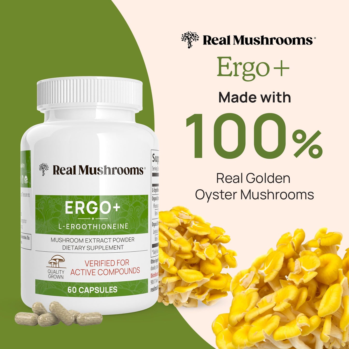 Real Mushrooms Ergothioneine Supplement – Golden Oyster Mushroom with Beta-Glucans – L-Ergothienine Extract Poweder – Organic, Vegan, Non-GMO, No Fillers – 60 Capsules Mushroom Supplement for Humans