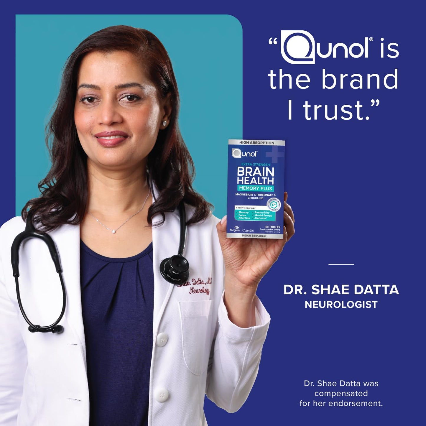 Qunol Brain Health Memory Plus, Magnesium L-Threonate & Citicoline, Clinically Tested Ingredients to Improve Memory, Focus, Attention and Productivity, 60 Count (Pack of 1)
