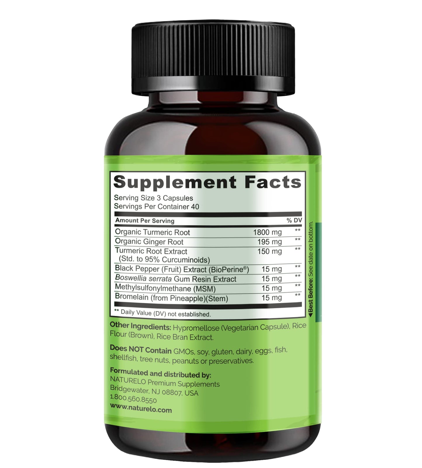 NATURELO Turmeric Curcumin - BioPerine for Better Absorption - Black Pepper, Ginger Root, Curcuminoids - Plant-Based Joint Discomfort Support - 120 Vegan Capsules