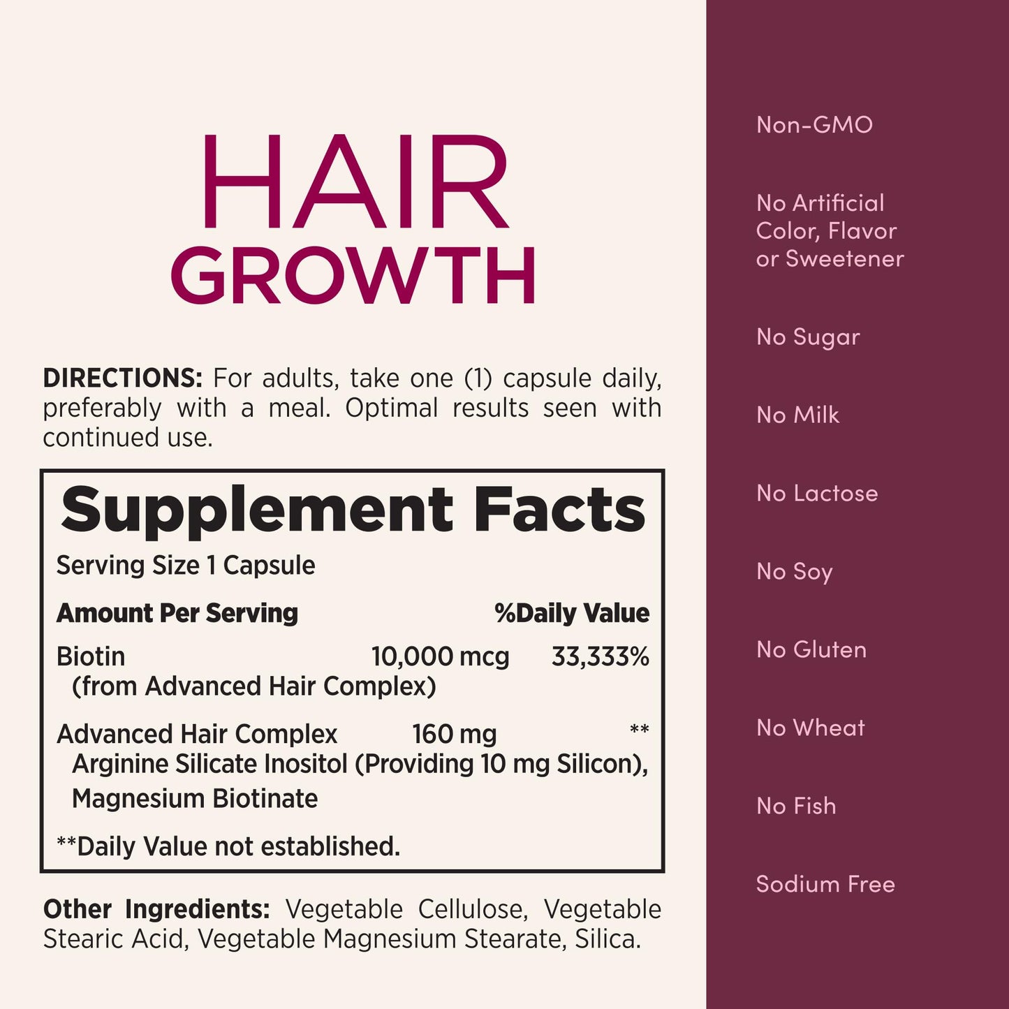 Nature's Bounty Optimal Solutions Hair Growth Supplement, Clinically Shown to Support Thicker, Fuller Hair, With Biotin, Silicon & Arginine, 30 Capsules, One-Month Supply