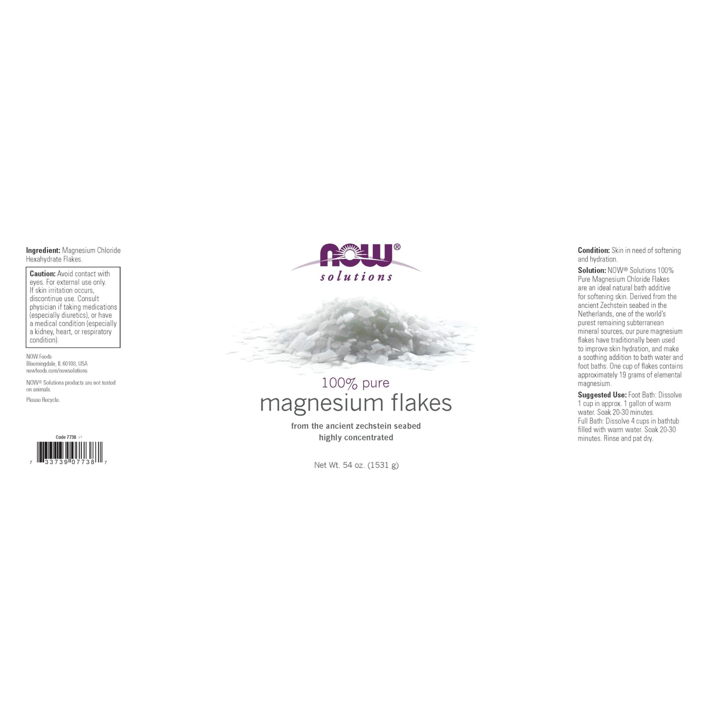 Pre-Order | Arrives in 5–10 Days – NOW Foods Solutions, Magnesium Flakes, 100% Pure, from the Ancient Zechstein Seabed, Highly Concentrated, 54-Ounce