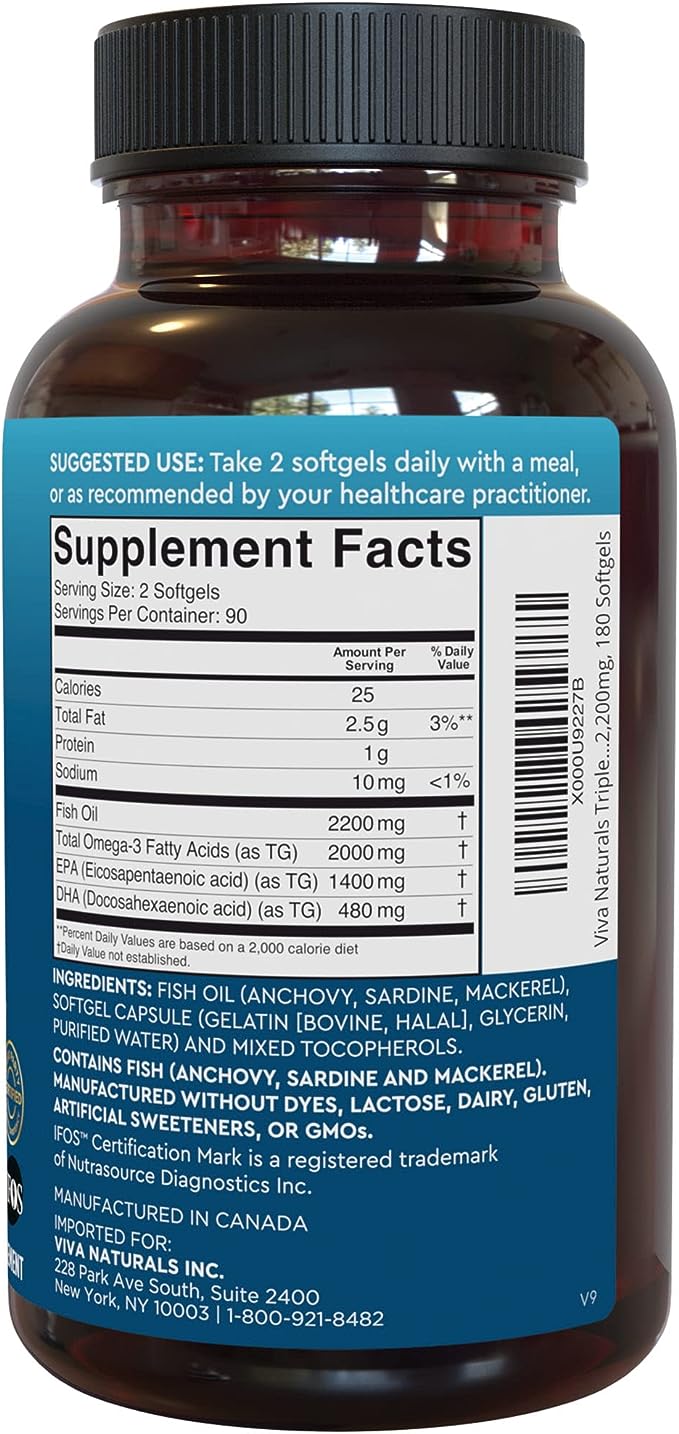 Viva Naturals Triple Strength Omega 3 Fish Oil Supplement - 2200 mg Wild Caught and Sustainably Sourced Fish Oil Vitamins with Omega 3 Fatty Acids Including EPA DHA, No Fish Burps, 180 Softgels