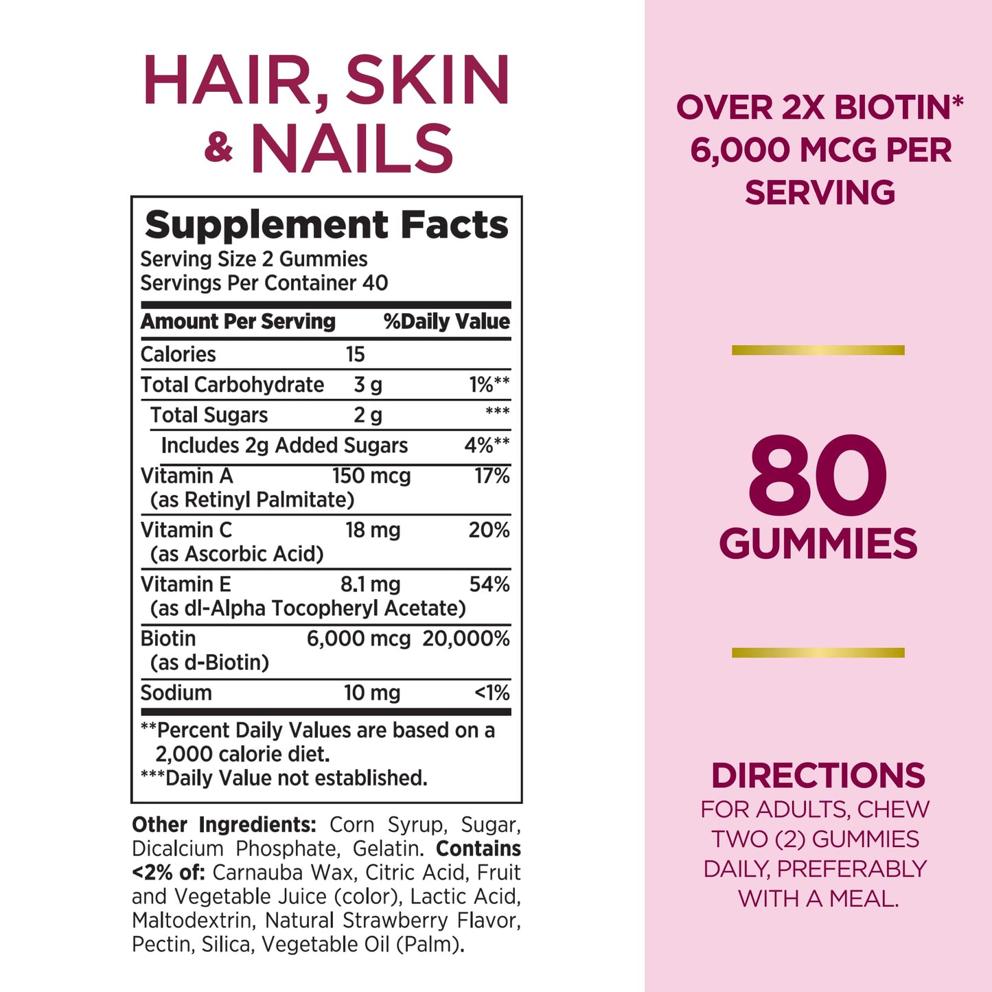 Nature's Bounty Optimal Solutions Advanced Hair, Skin, Nails, 2X Biotin, 80 Strawberry Gummies, 40 Total Servings