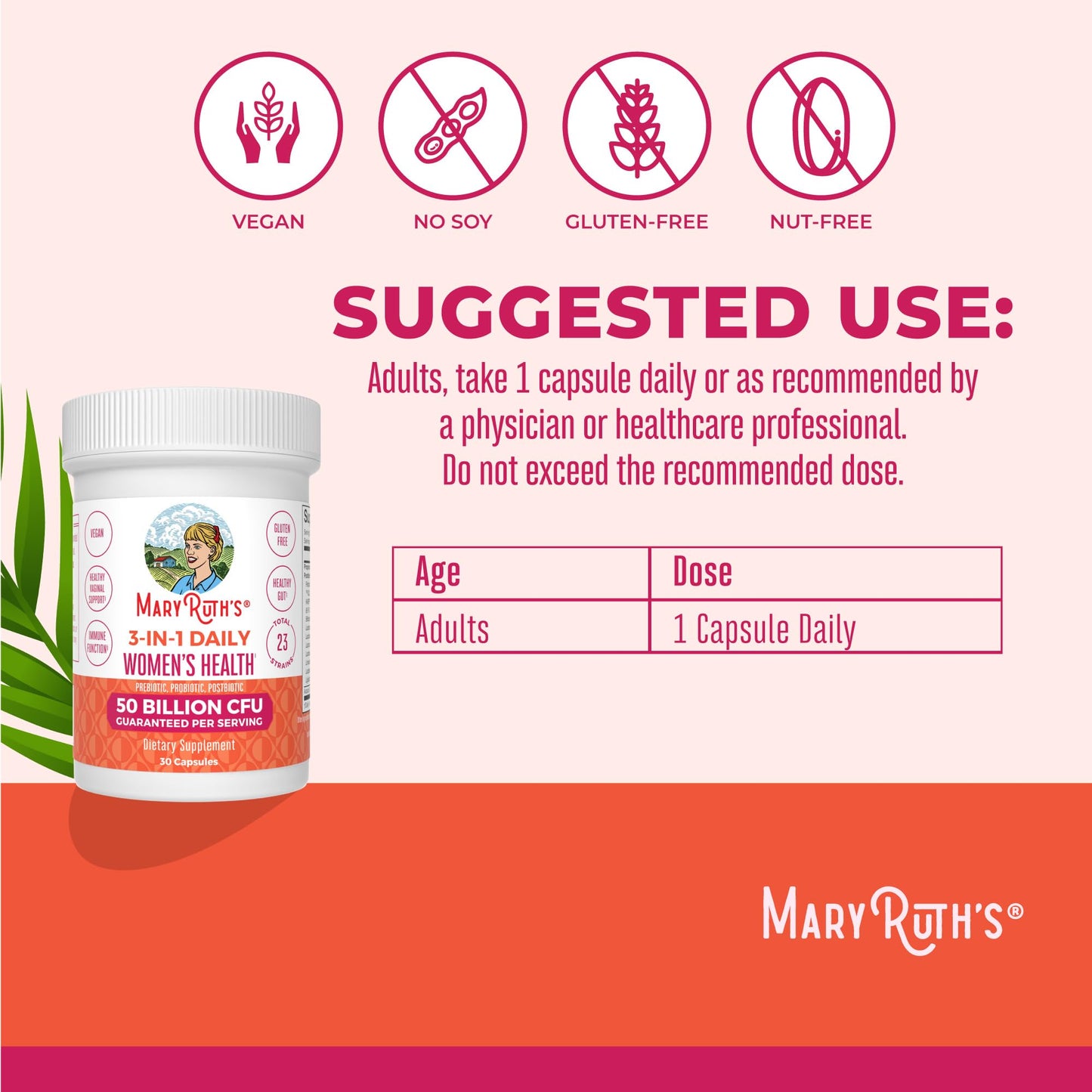 MaryRuth Organics 3-in-1 Daily Health Probiotics for Women | Clinically Tested | Hormone Support & Gut Health Supplement | 50 Billion CFU | Allergen Free | 30 ct
