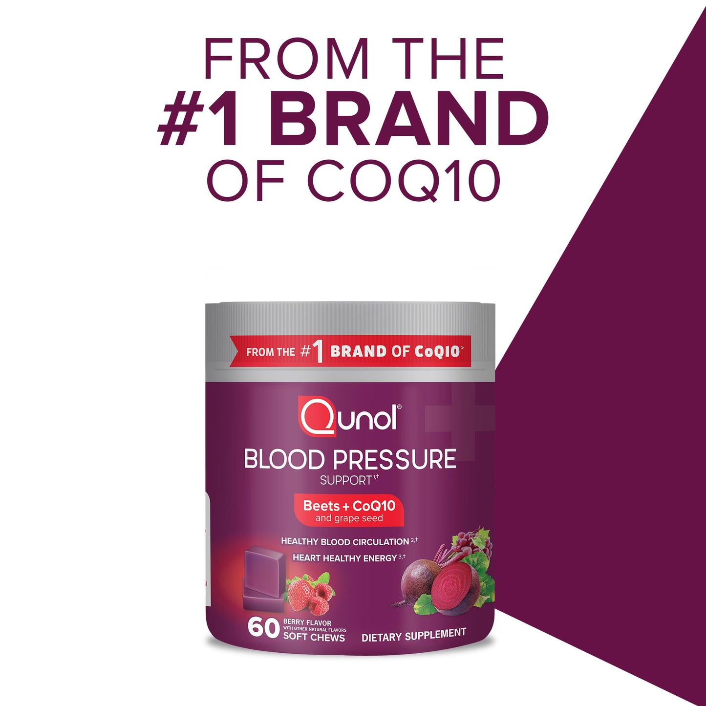 Qunol Beets Chews for Blood Pressure Support, 3 in 1 Beets + CoQ10 + Grape Seed Extract, Supports Healthy Blood Circulation & Heart Healthy Energy, 60 Chews