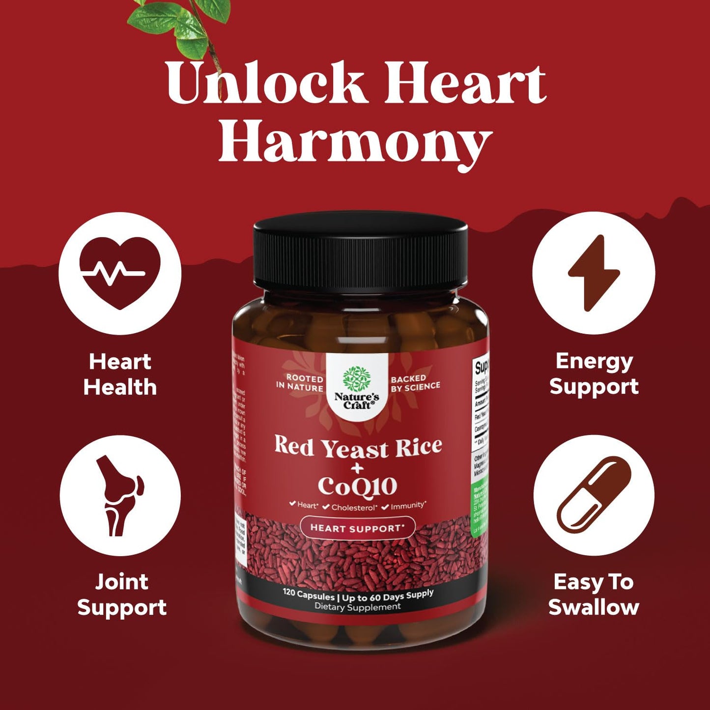 Natures Craft Red Yeast Rice with CoQ10 Supplement - Advanced Healthy Heart Red Rice Yeast for Healthy Cholesterol Levels - Extra Strength Capsule 1200 mg - Vegan & Non-GMO - 120 Count