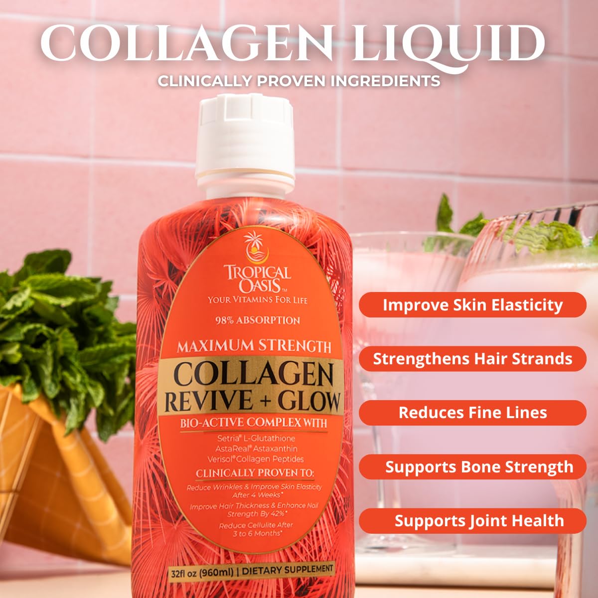 Liquid Collagen Glow for Women & Men– 5000mg VERISOL Hydrolyzed Collagen Peptides + Biotin | Supports Skin Elasticity, Hair Growth, Strong Nails | Clinically Studied Ingredients| 32 Serv