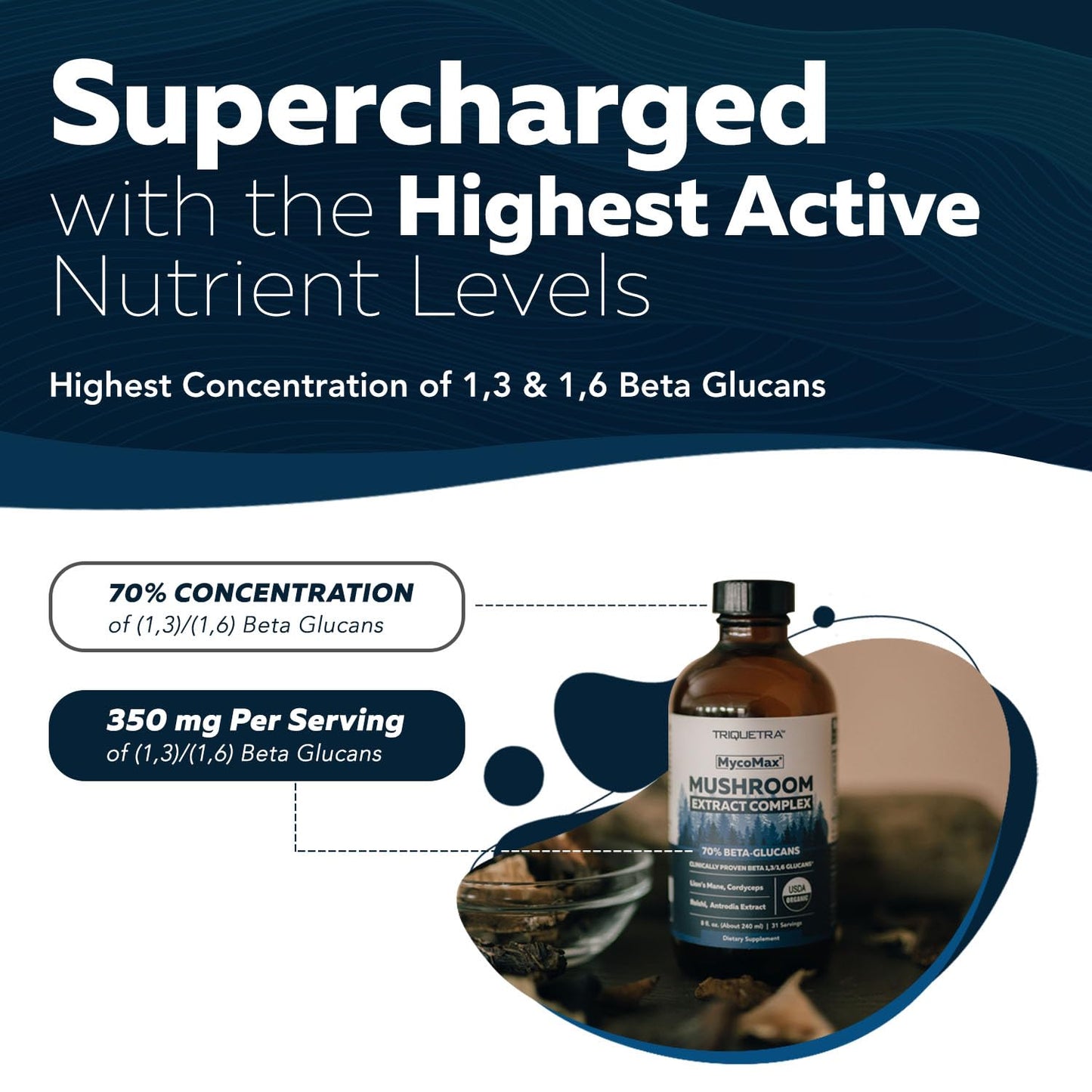 MycoMax Mushroom Complex - 70% Beta Glucans, Max Potency Mushroom Supplement, US Grown + Ultrasonic Extraction - Lions Mane, Cordyceps, Reishi & More - Promotes Cognition, Immunity, Energy - 8 oz.
