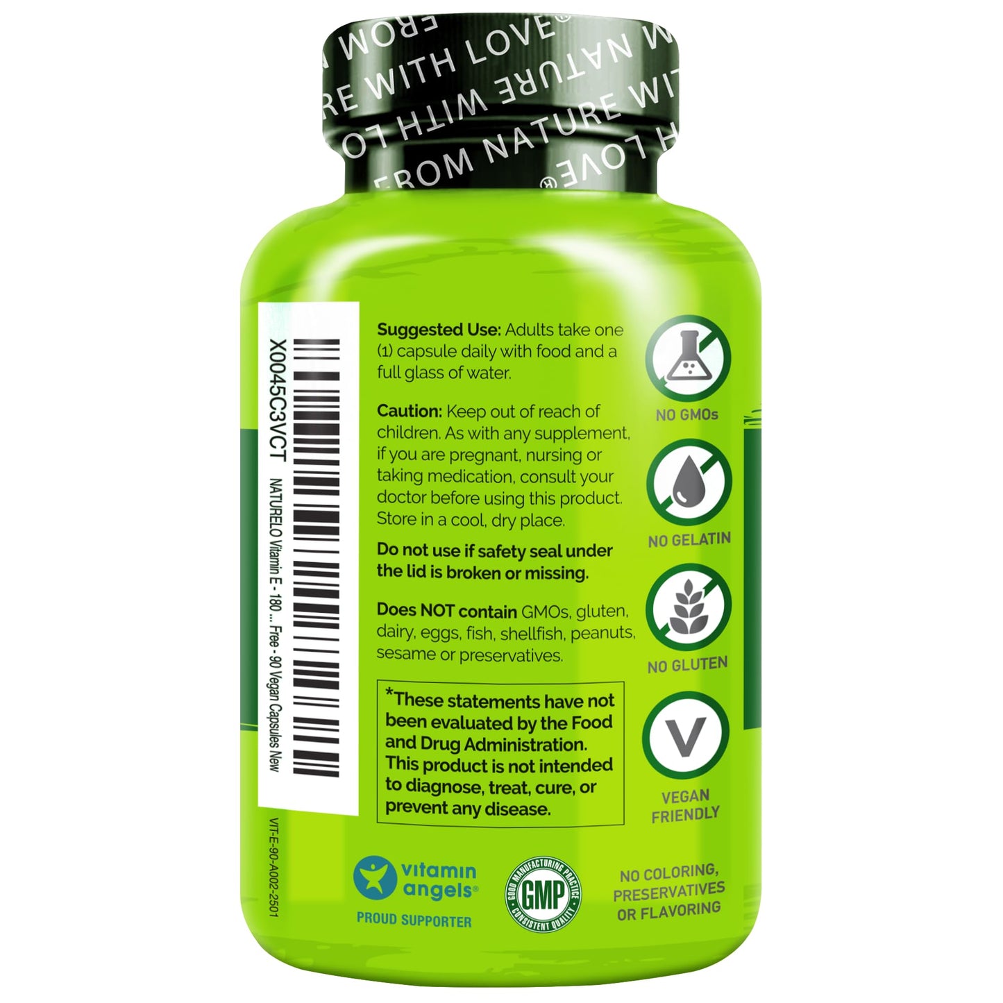 NATURELO Vitamin E - 180 mg (300 IU) of Natural Mixed Tocopherols from Organic Whole Foods - Supplement for Healthy Skin, Hair, Nails, Immune & Eye Health - Non-GMO, Soy Free - 90 Vegan Capsules