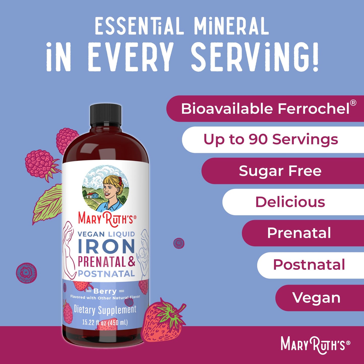 MaryRuth Organics | Liquid Iron Supplement Prenatal & Postnatal for Pregnant & Lactating | Iron Deficiency | Immune Support | Sugar/Gluten Free | Vegan | Non-GMO | 15.22 Fl Oz