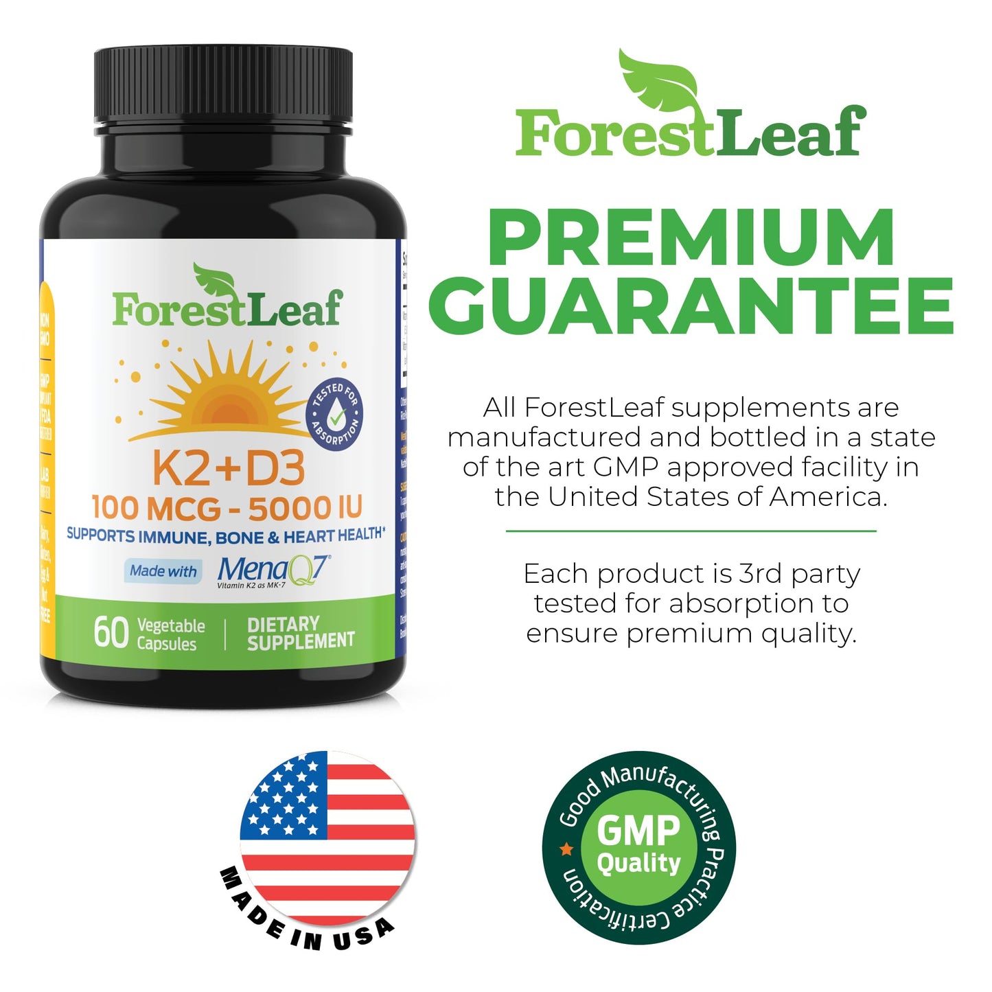 ForestLeaf Vitamin D3 + K2 (MK7) Supplement - MenaQ7 - Calcium and Vitamin D3 5000 IU Max Absorption - Teeth and Bone Strength, Heart Health, Immune System Support - 60 Veggie Capsules