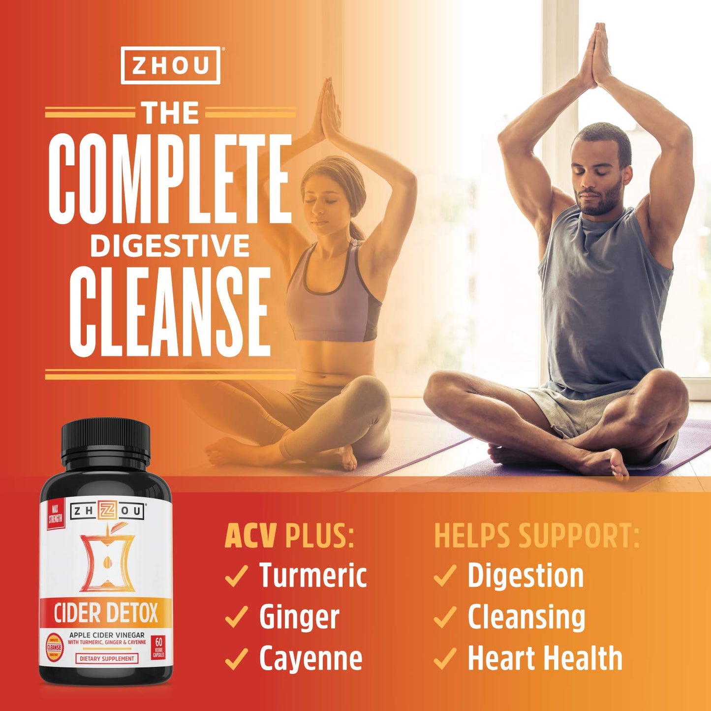 Zhou Cider Detox - Apple Cider Vinegar Capsules with Mother, Raw Natural ACV Pills for Women & Men, Herbal Complex Supplement with Turmeric & Cayenne Pepper - 60 Vegan Capsules