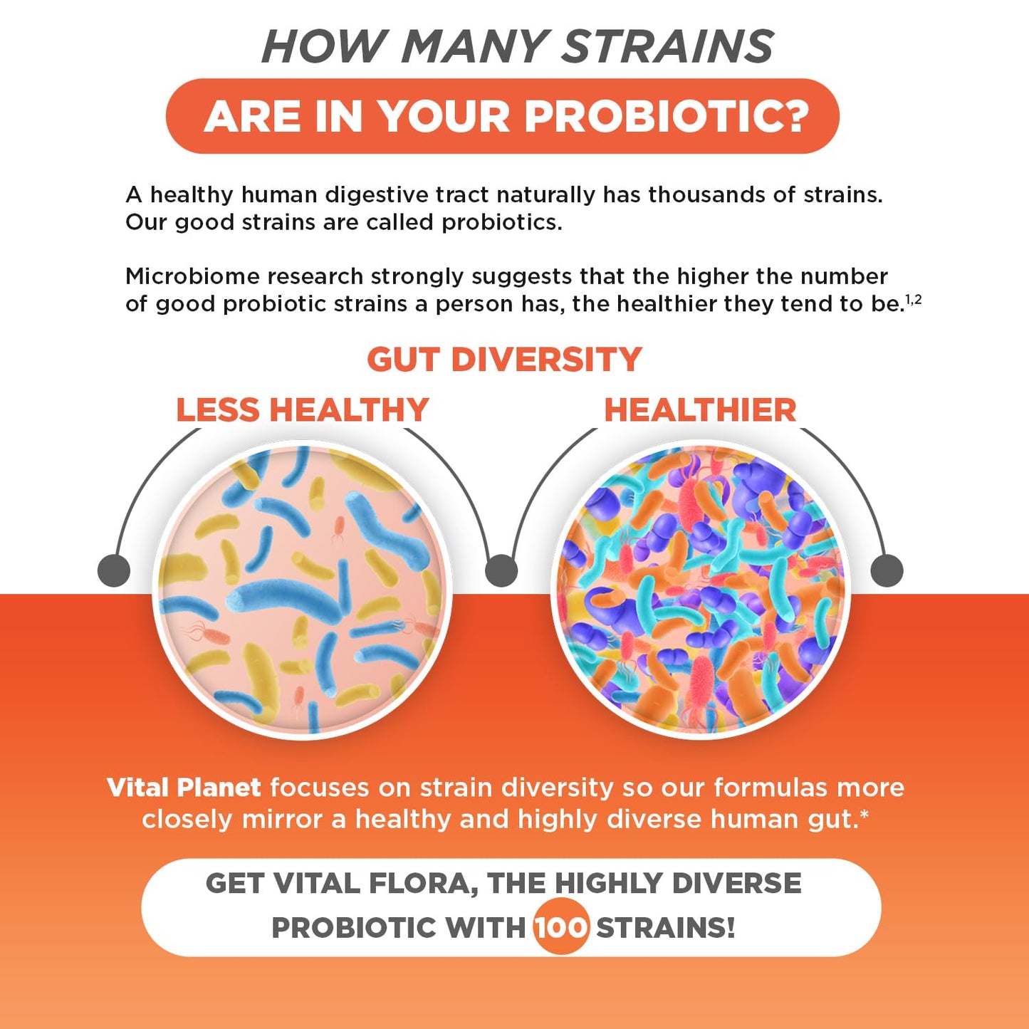 Vital Planet - Vital Flora Advanced Biome Probiotic 100 Billion CFU, 100 Diverse Strains, 10 Organic Prebiotics, Immune Support, Colon and Digestive Health Probiotics for Women and Men 30 Capsules