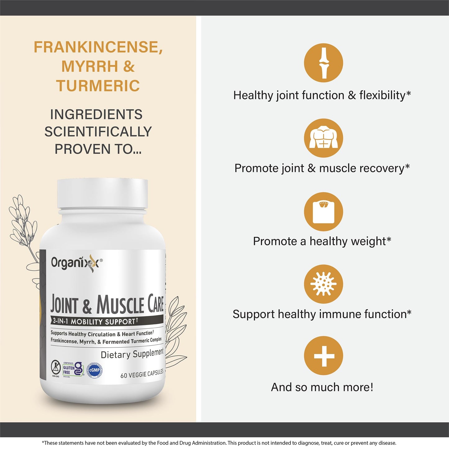 Organixx Joint & Muscle Care Organic Turmeric Supplement, 3-in-1 Frankincense, Turmeric and Myrrh Joint Health & Joint Support Supplement Body Care Capsules, Supports Swelling, Tension, 60 Capsules