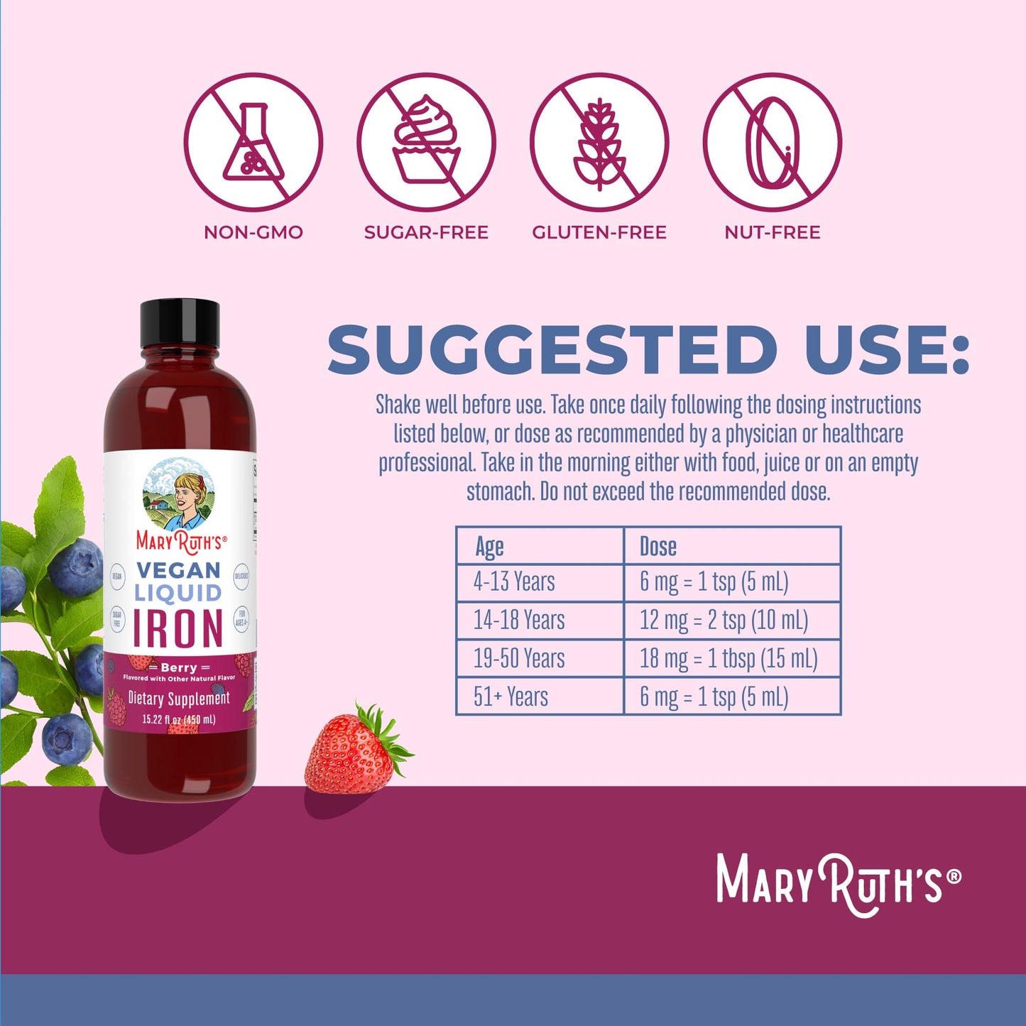 MaryRuth Organics Liquid Morning Multivitamin (Fruit Punch) & Iron Liquid (Berry) | Clean Label Project Verified® | Vitamins for Energy, Immunity, & Overall Health | Vegan, Non-GMO, Gluten Free
