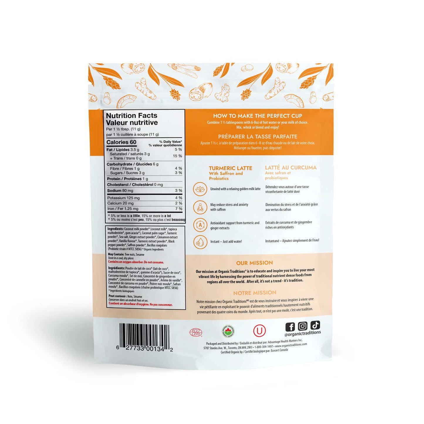 Organic Traditions Turmeric Latte – Creamy Coconut Milk Base – Saffron & Turmeric Blend – Easy to Mix – Sweetened with Coconut Palm Sugar – 1 Billion Probiotics per Serving - 150g/5.3oz Bag