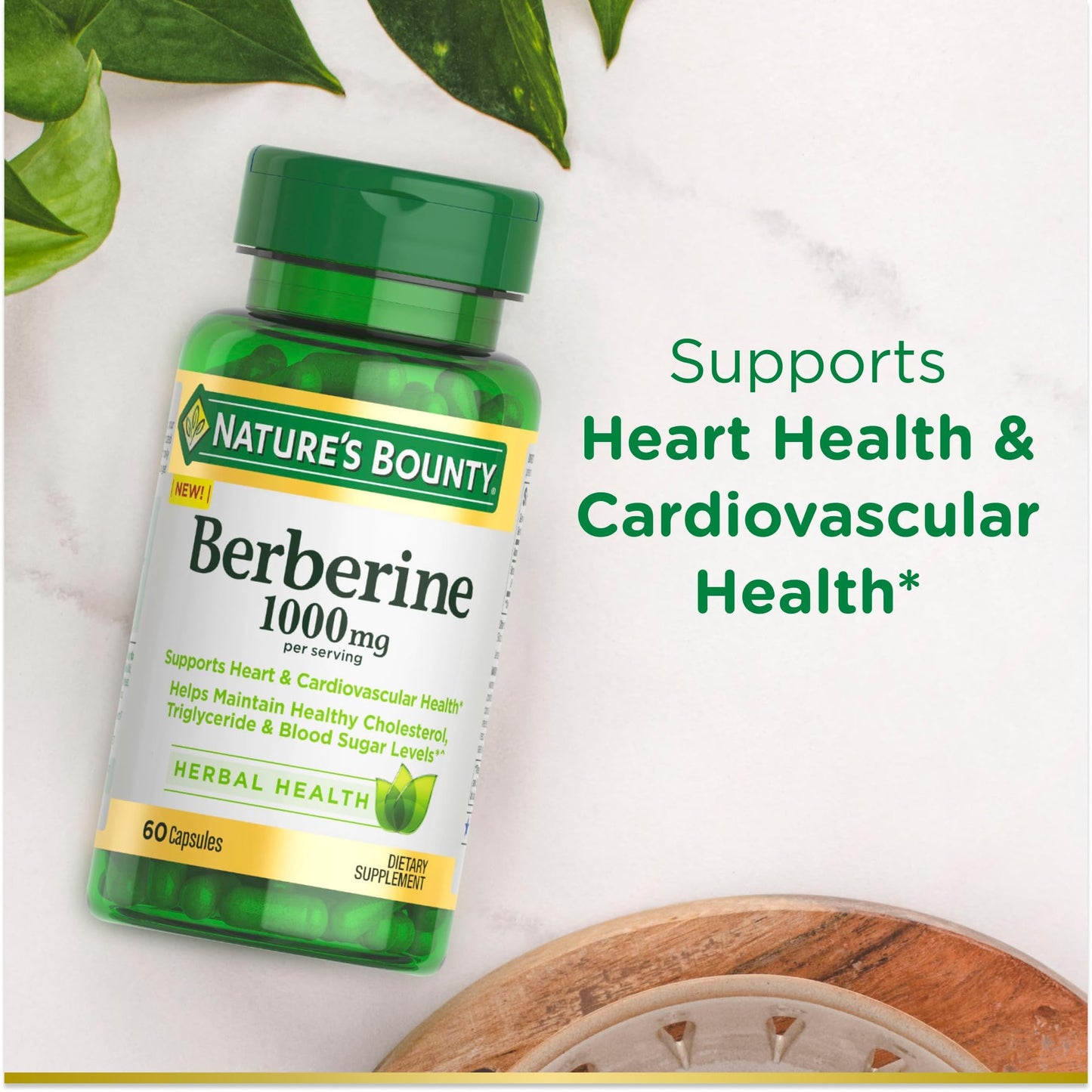 Nature's Bounty 1000mg Berberine Herbal Health Capsules Support Heart and Cardiovascular Health, Help Maintain Healthy Cholesterol, Triglyceride, and Blood Sugar Levels, 60 Capsules