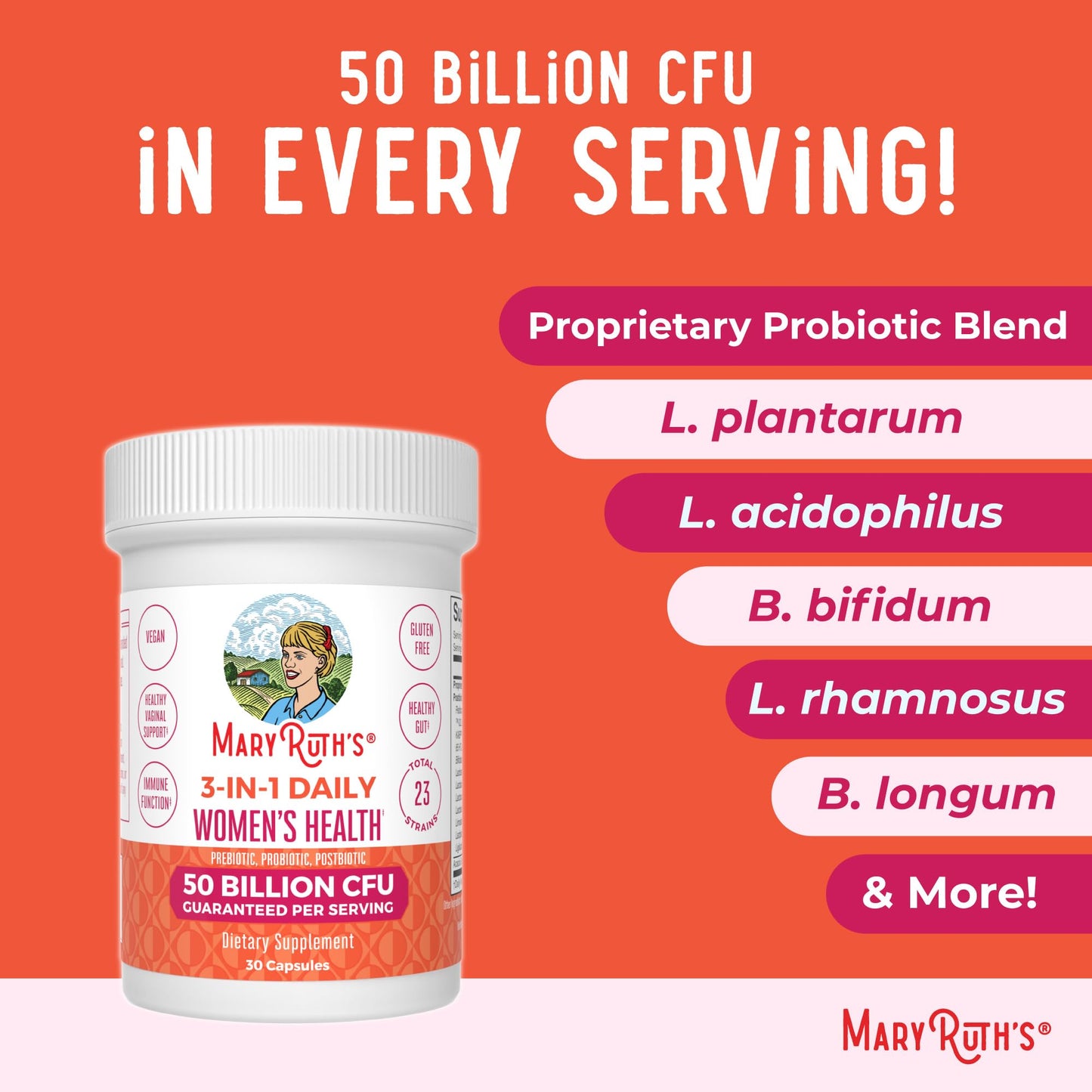 MaryRuth Organics 3-in-1 Daily Health Probiotics for Women | Clinically Tested | Hormone Support & Gut Health Supplement | 50 Billion CFU | Allergen Free | 30 ct