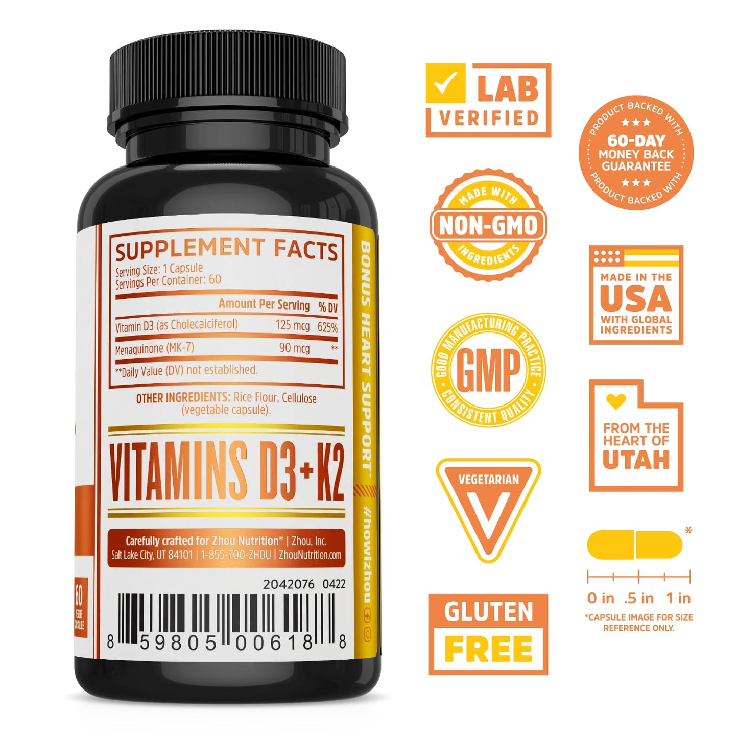 Zhou D3+K2 - Vitamin D3 K2 Supplement for Women & Men, Immune Support Vit D3 and K2 Supplements, Pure Vegetarian Formula with 5000 IU of D3 and MK-7 - 60 Veggie Capsules (Pack of 1)