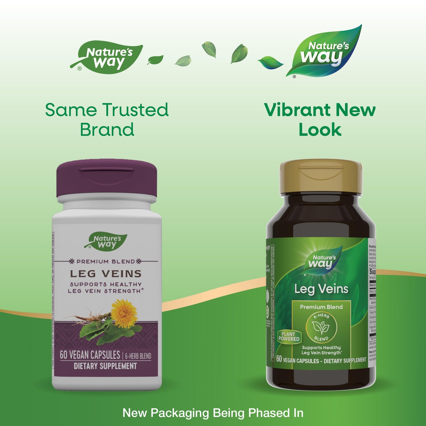 Nature's Way Leg Veins, Supports Healthy Leg Vein Strength*, 6-Herb Blend, With Horse Chestnut Extract, Dandelion, Gluten Free, 60 Vegan Capsules (Packaging May Vary)
