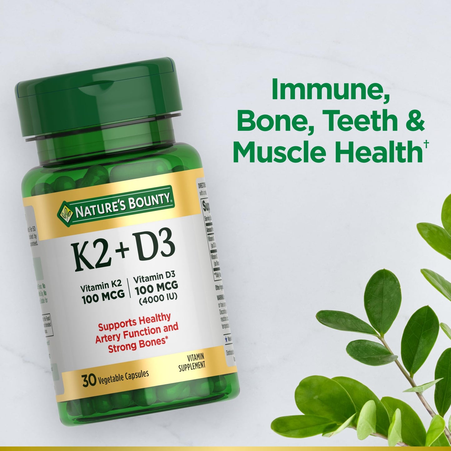 Nature's Bounty Vitamin D3 K2 Supplement, 4000 IU Vitamin D3 Plus 100 mcg of Vitamin K for Heart & Bone Health Support, 30 Day Supply, 30 Vegetarian Capsules, K2 + D3 Supplements for Adults