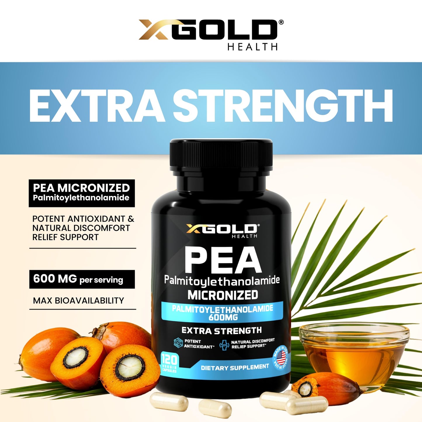 Palmitoylethanolamide Pea Supplement 600 mg | Micronized Pea 99% Highly Purified and Bioavailable | Made in USA | Supplement for Men and Women - 120 Capsules