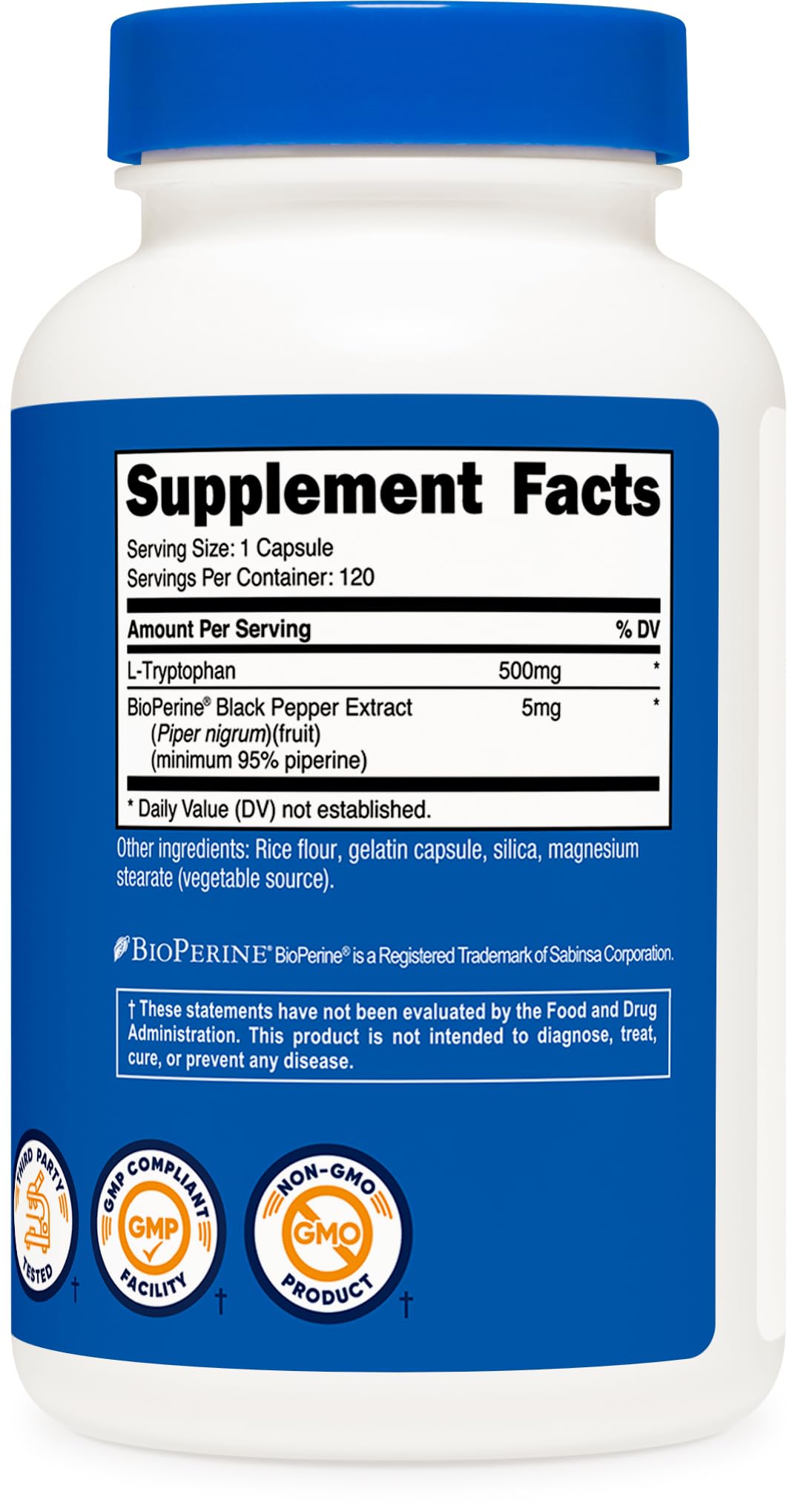 Nutricost L-Tryptophan 500mg, 120 Capsules - with BioPerine, Gluten Free, Non-GMO