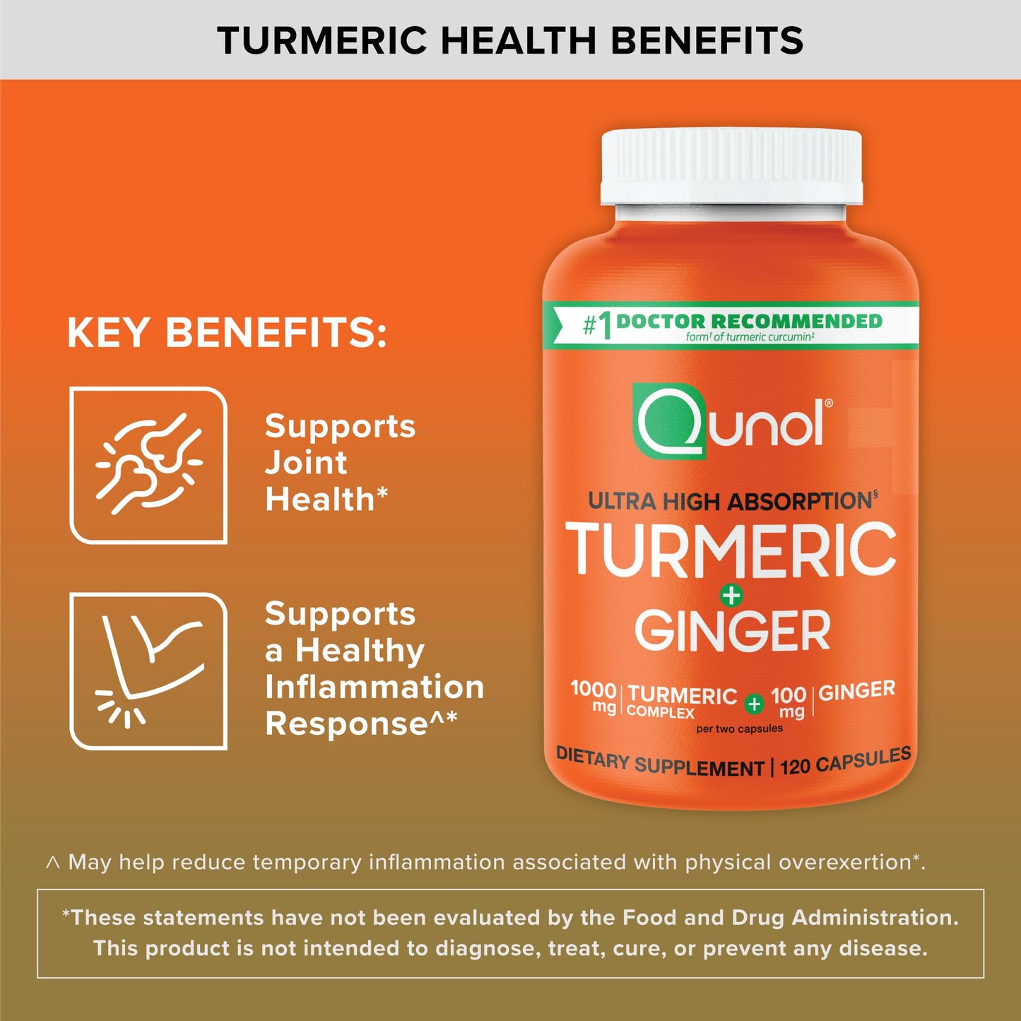Qunol Turmeric and Ginger Capsules, 1000mg Turmeric Supplement, Ultra High Absorption to Support Joint Health, #1 Doctor Recommended Form of Turmeric Curcumin, 120 Count (Pack of 1)