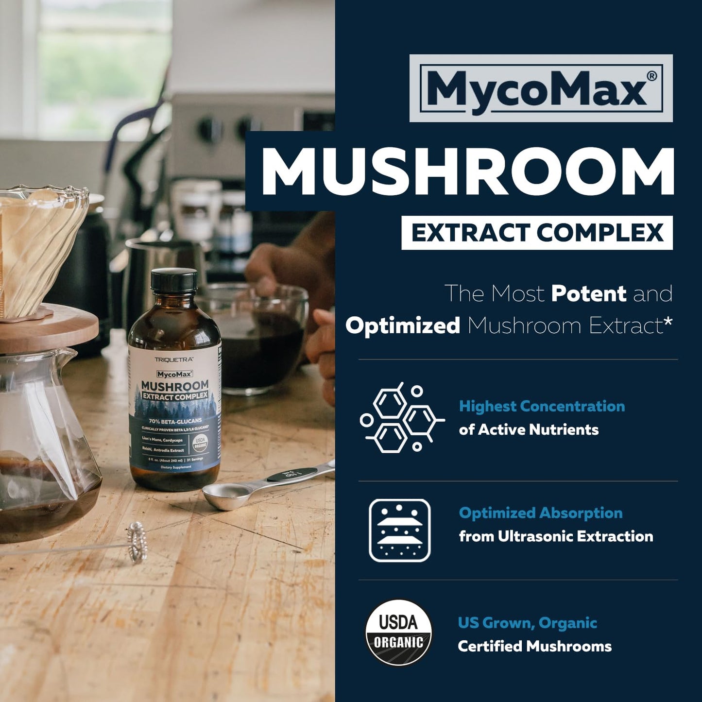 MycoMax Mushroom Complex - 70% Beta Glucans, Max Potency Mushroom Supplement, US Grown + Ultrasonic Extraction - Lions Mane, Cordyceps, Reishi & More - Promotes Cognition, Immunity, Energy - 8 oz.
