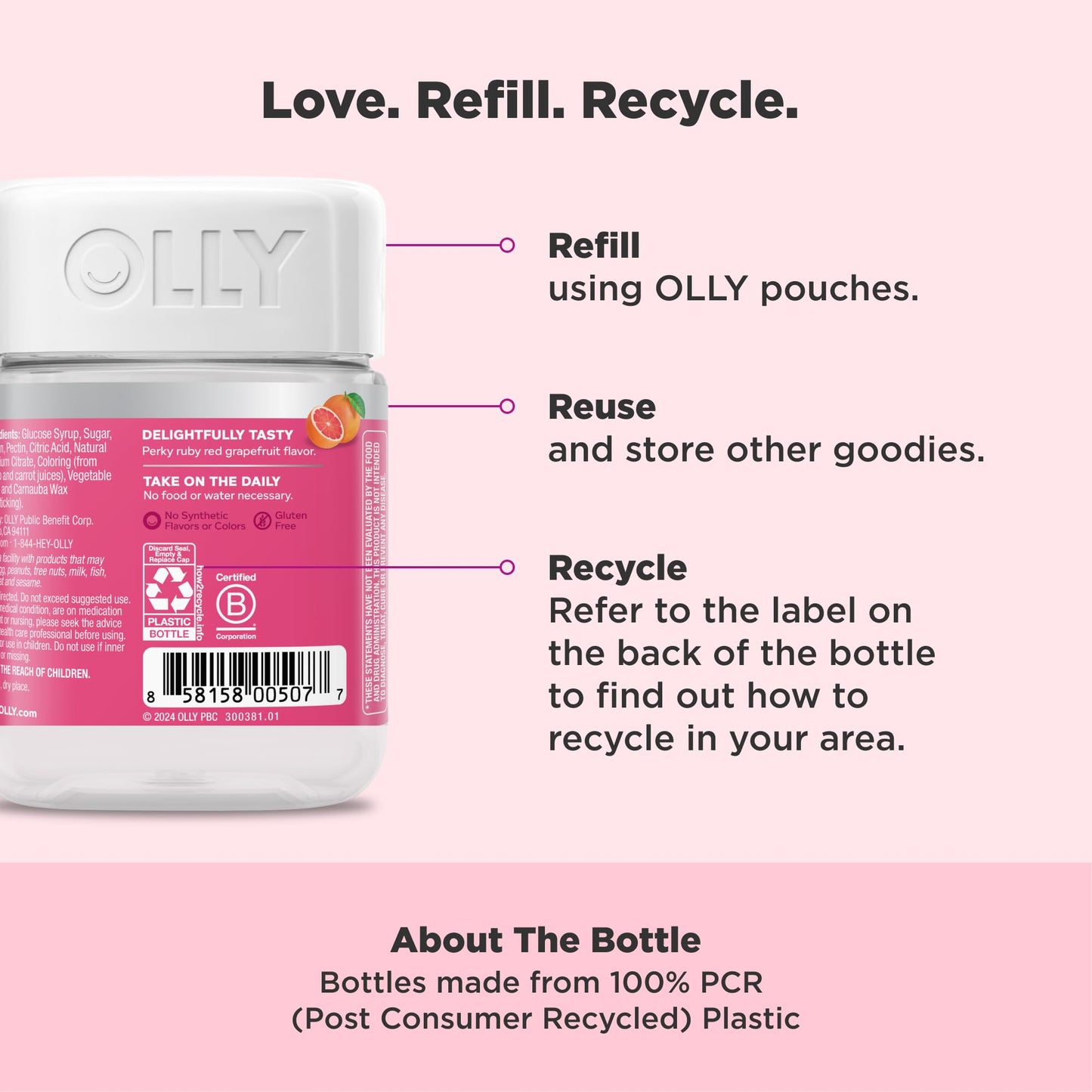 OLLY Undeniable Beauty Gummy, For Hair, Skin, Nails, Biotin, Vitamin C, Keratin, Chewable Supplement, Grapefruit, 30 Day Supply - 60 Count