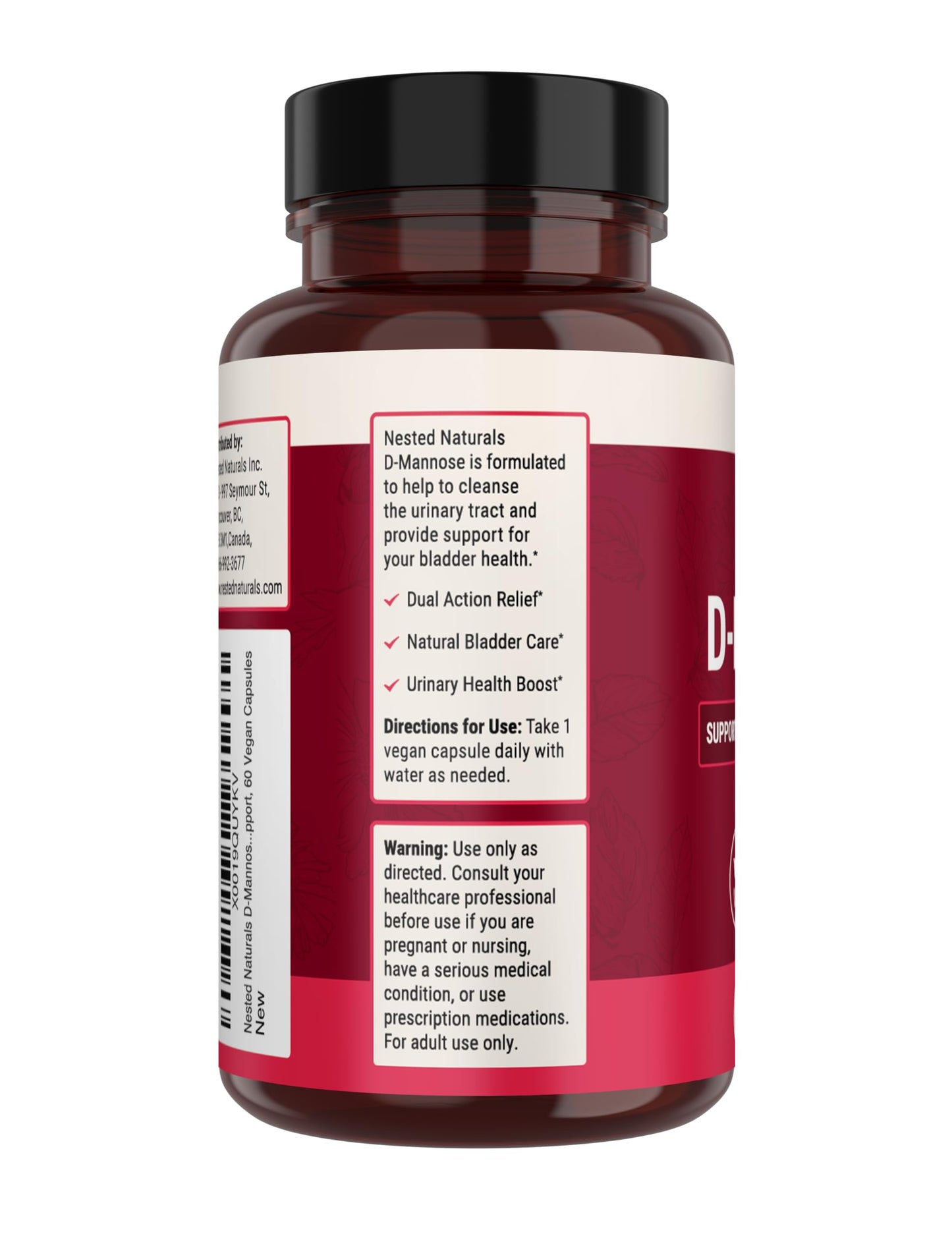 Nested Naturals D-Mannose 500mg Caspules with Cranberry Extract, D Mannose Cranberry Pills, Urinary & Bladder Support, 60 Vegan Capsules