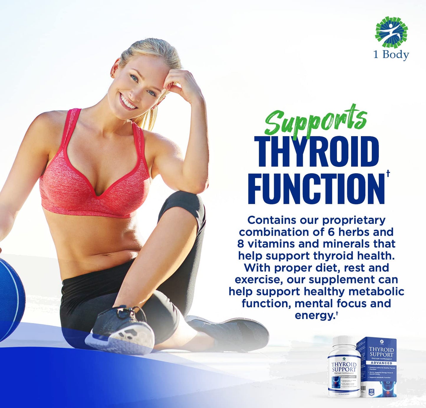 1 Body Thyroid Support Supplement with Iodine, Vitamin B12, Zinc, 60-Day Supply, 2 Pack