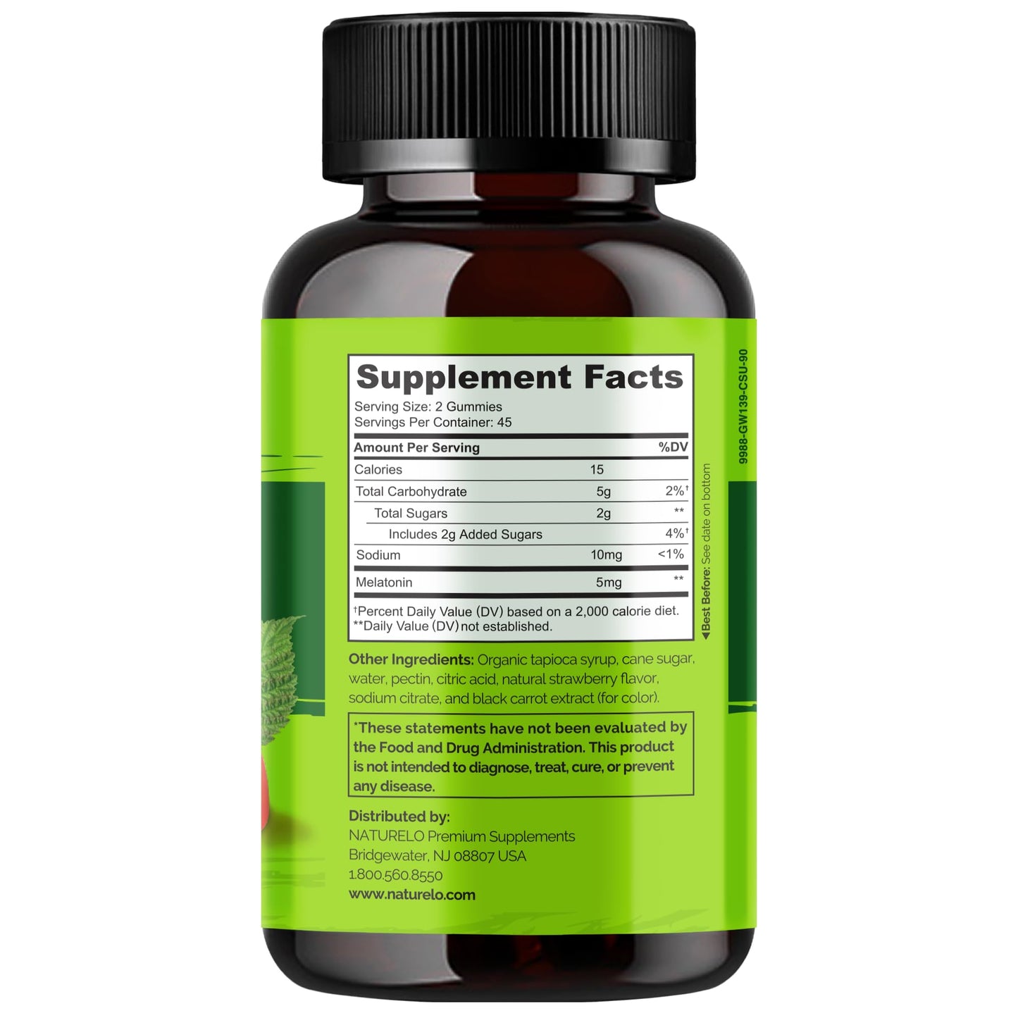 NATURELO Melatonin Gummies – Non-GMO, Gluten-Free, Soy Free - Strawberry Flavor - Gentle Sleep Supplement - 90 Vegetarian Gummies