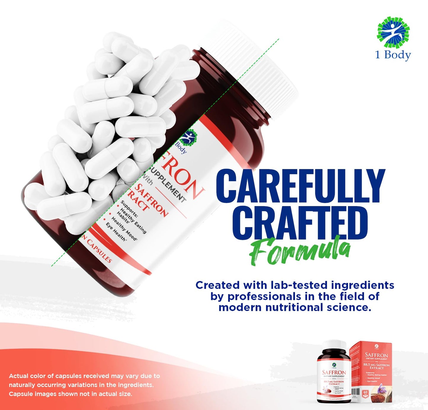 1 Body Saffron Extract Supplement, 88.5 mg Safranal, Antioxidant and Mood Support, Vegetarian Capsules
