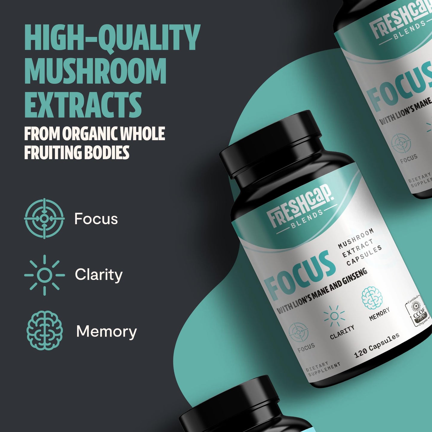 FreshCap 4-in-1 Focus Supplement - Brain Supplements for Memory and Focus - Memory Supplement for Brain, Brain Booster Supplement, Lions Mane Extract, Ayurveda Ginseng (120 Capsules)