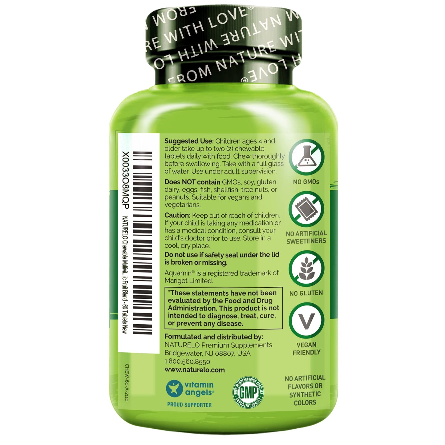 NATURELO Chewable Multivitamin for Children - with Vitamins & Minerals, Whole Food Organic Fruit Blend - Vegan, Vegetarian Supplement for Kids - 60 Tablets