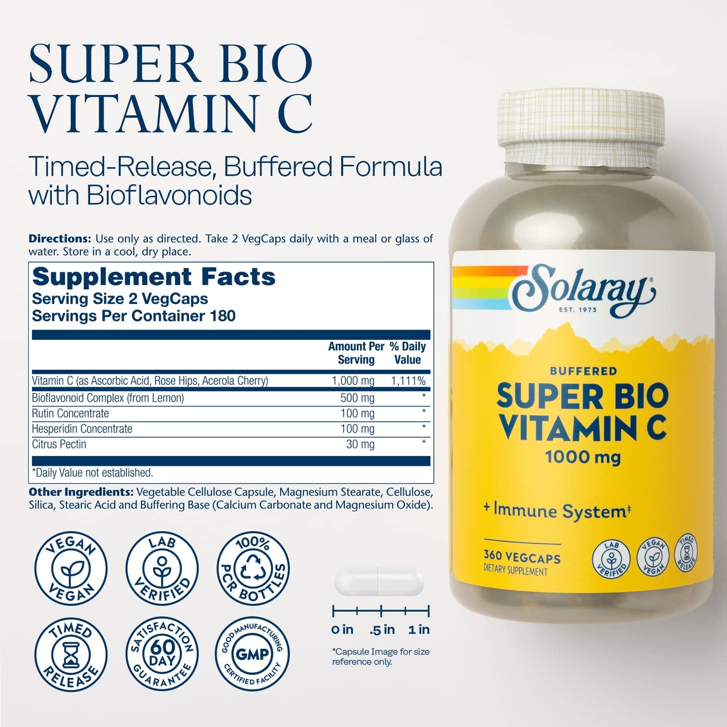 Pre-Order | Arrives in 5–10 Days – SOLARAY Super Bio Buffered Vitamin C 1000mg, Two-Stage, Timed Release Vitamin C with Bioflavonoids, Immune Support Supplement - High Absorption, Vegan, 60 Day Guarantee, 180 Servings, 360 VegCaps 180