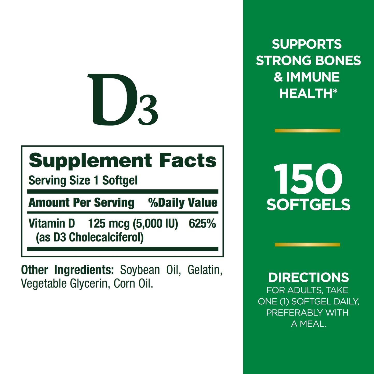 Nature's Bounty Vitamin D3, Immune and Bone Support, 5000IU, Rapid Release Softgels, 150 Ct (Pack of 2)
