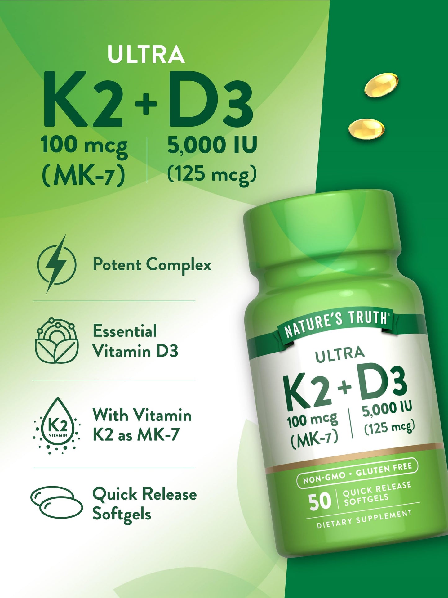 Nature's Truth Vitamin K2 MK7 Complex | 100 mcg | 50 Softgels | with D3 | Non-GMO & Gluten Free Supplement
