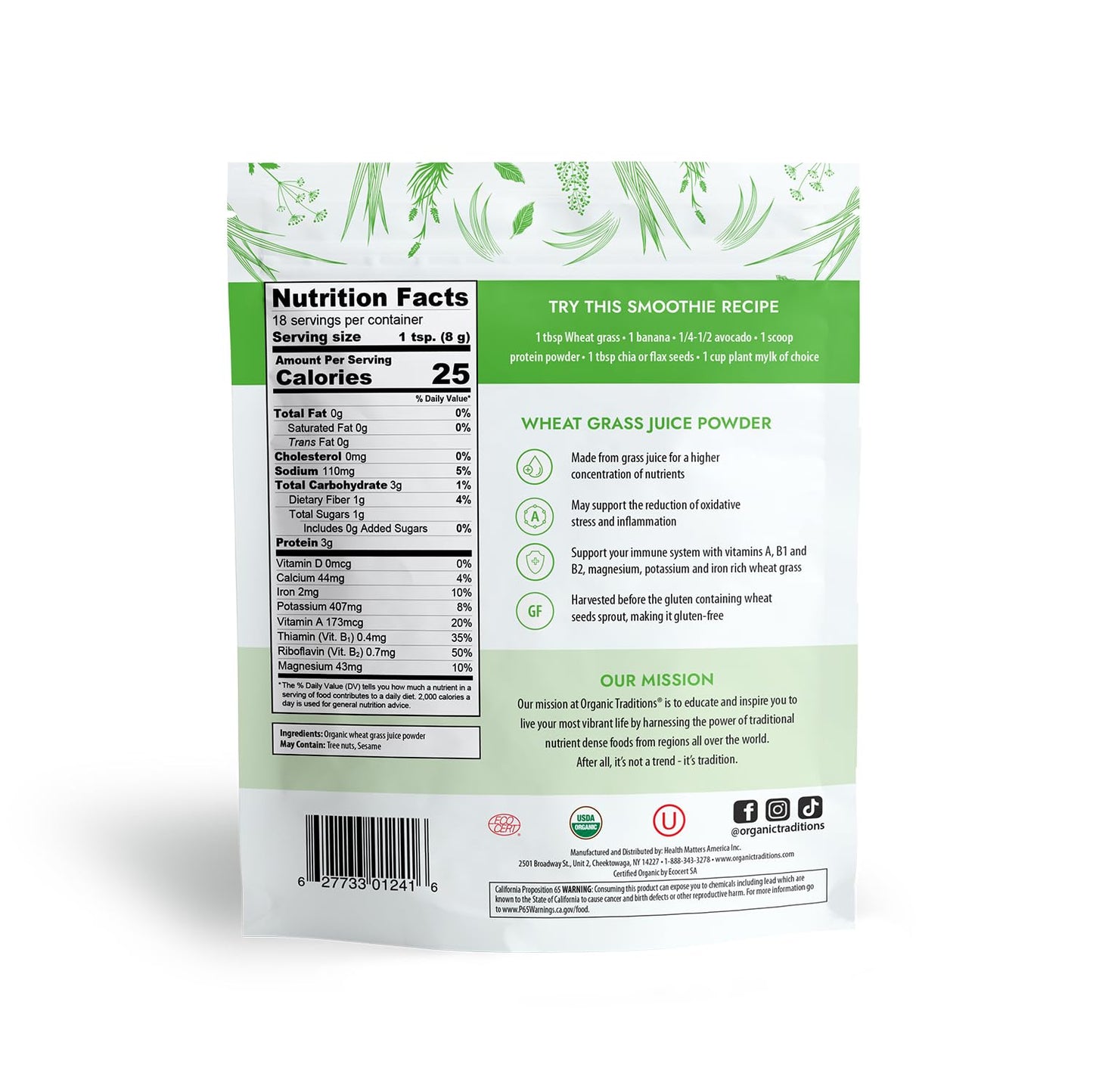 Organic Traditions Organic Wheat Grass Powder, Gluten Free Organic Wheatgrass Powder, Vegan Non-GMO Organic Wheatgrass Juice Powder Superfood, 5.3oz (150g) Bag, 18 Servings per Bag